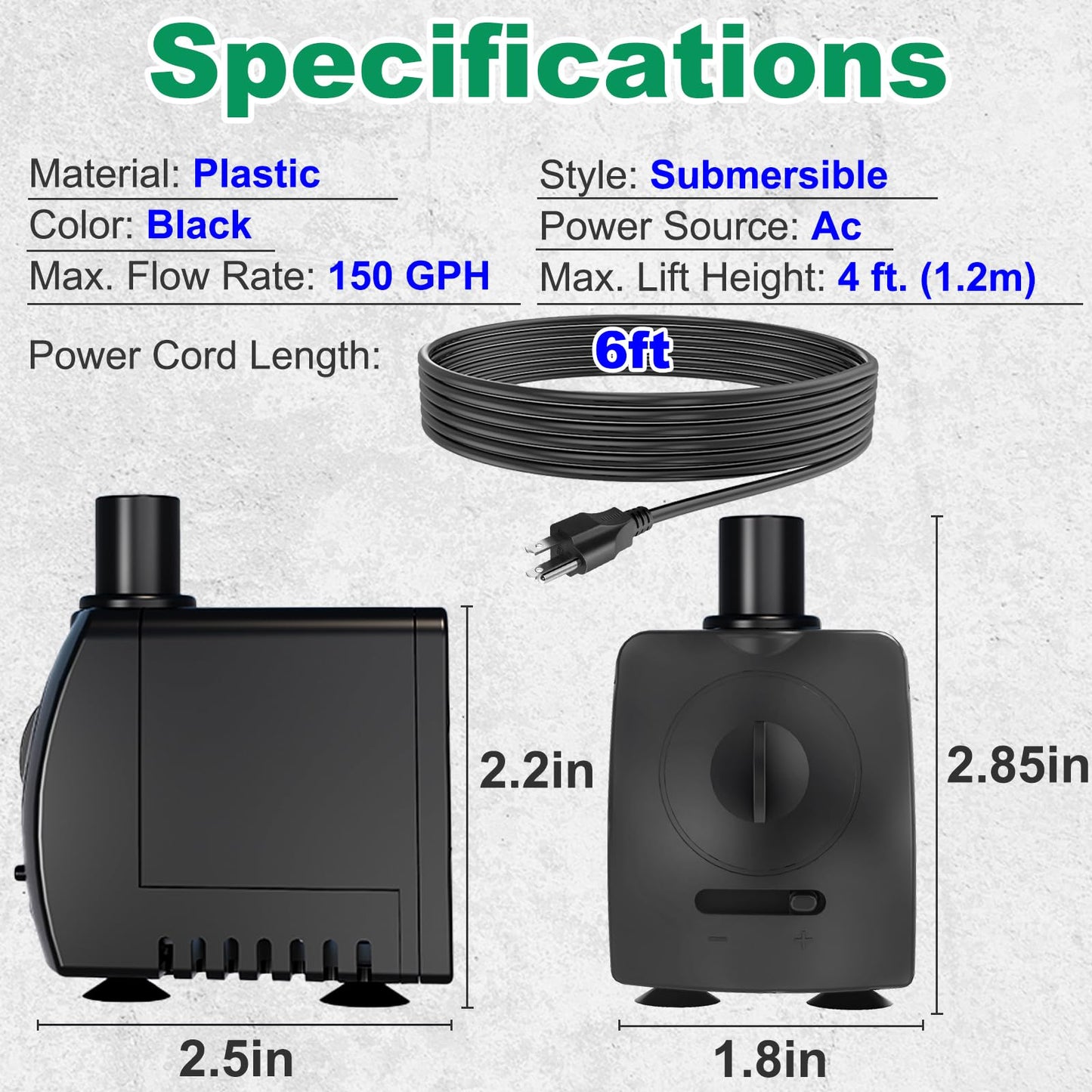 Knifel Submersible Pump 150GPH (550 L/H 9.5W) Ultra Quiet with Over Heating Protection 4ft High Lift for Fountains, Hydroponics, Ponds, Aquariums & More