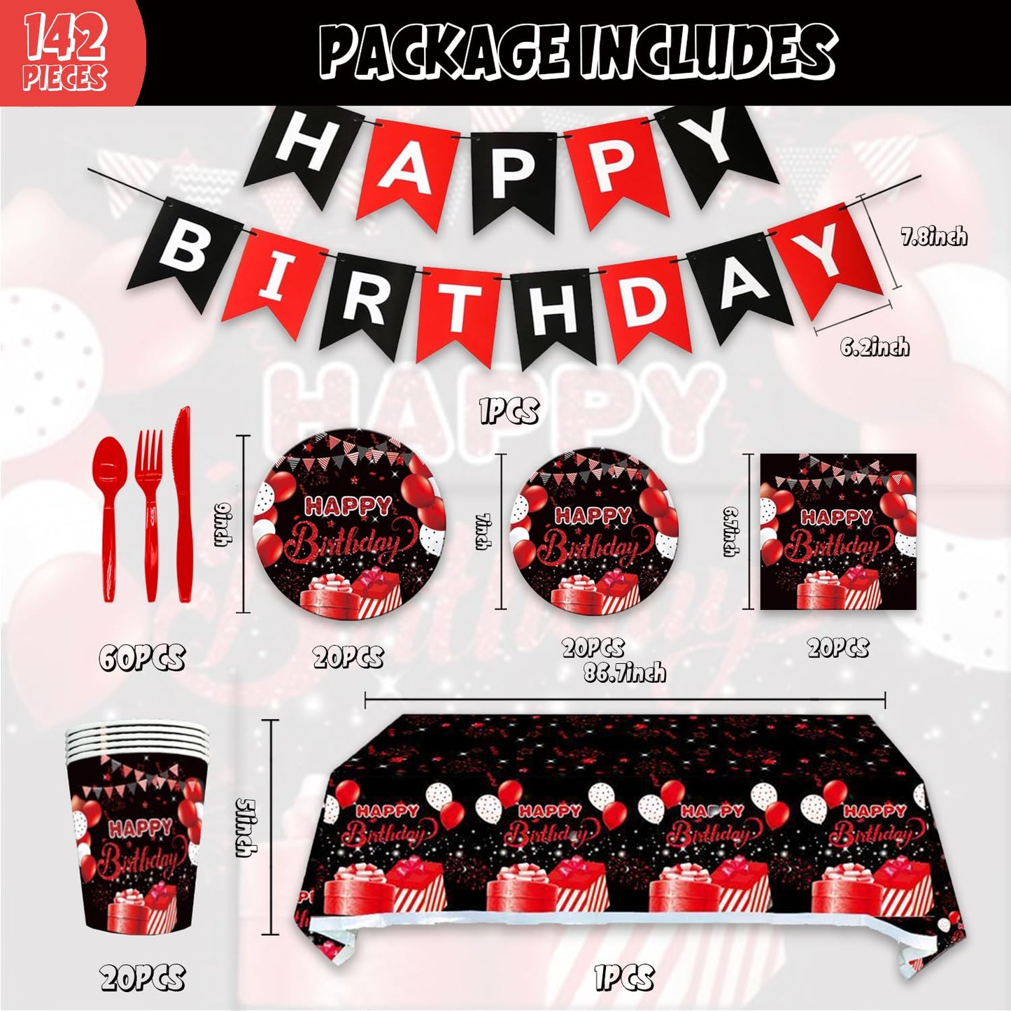 142Pcs Red and Black Birthday Party Tableware Set Inculde Plates Napkins Knives Forks Spoons Cups Banner and Tablecover Red and Black Birthday Party Decorations Supplies Serve 20