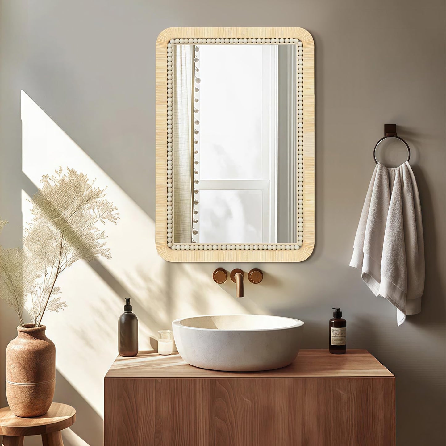 ULIKE Rattan Mirror for Bathroom, 24x36 Inch Rectangle Rustic Farmhouse Wall Decor with Handmade Wicker Frame, Boho Mirror for Nursery Bedroom Living Room Entryway