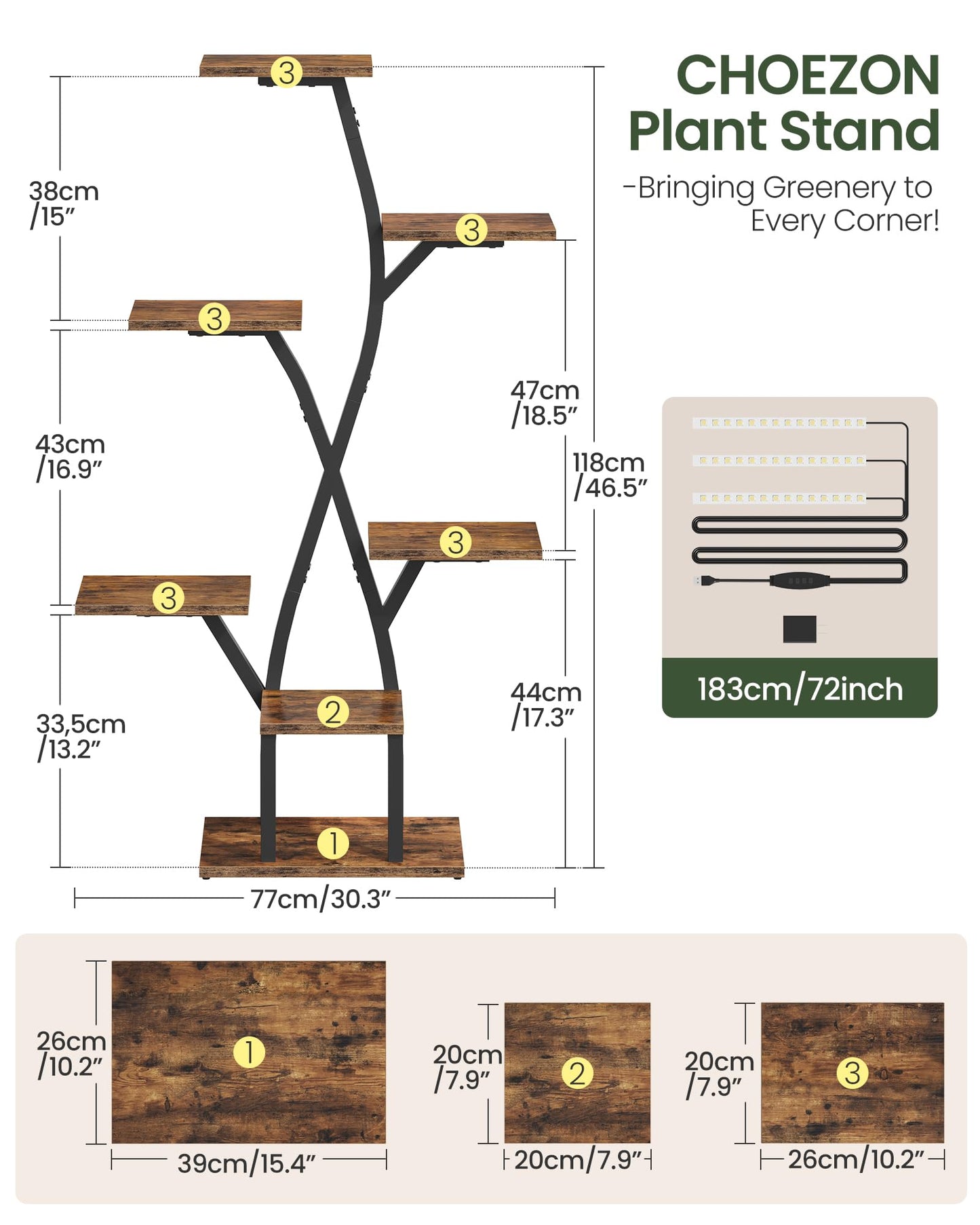 CHOEZON Plant Stand Indoor with Grow Light, 7-Tier Flower Plant Holder, 46.5” Tall Corner Plant Display Rack, Dimmable Grow Light with Timer, Rustic Brown and Black TCJ40DBF
