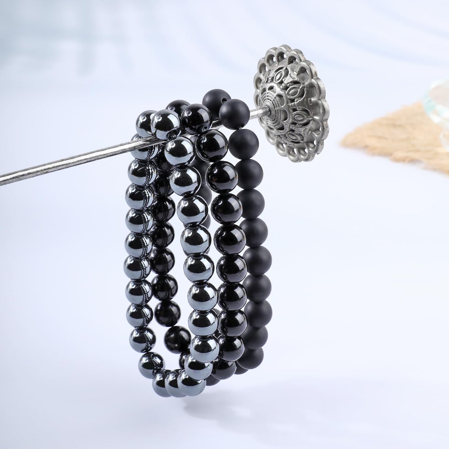 NCB 3-Piece 8mm Natural Crystal Gemstone Stretch Bracelets – ﻿Black Onyx, Hematite, Matte Black Agate Handmade Reiki Energy Healing Jewelry for Meditation,Yoga, Unisex