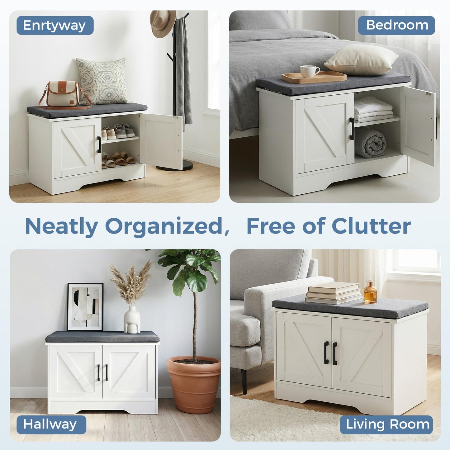 DUMOS Shoe Storage Bench, 47" Wide Shoe Organizer Cabinet with Padded Seat Cushion, 4 Doors, Adjustable Shelf for Entryway, Hallway, Bedroom, Living Room, White