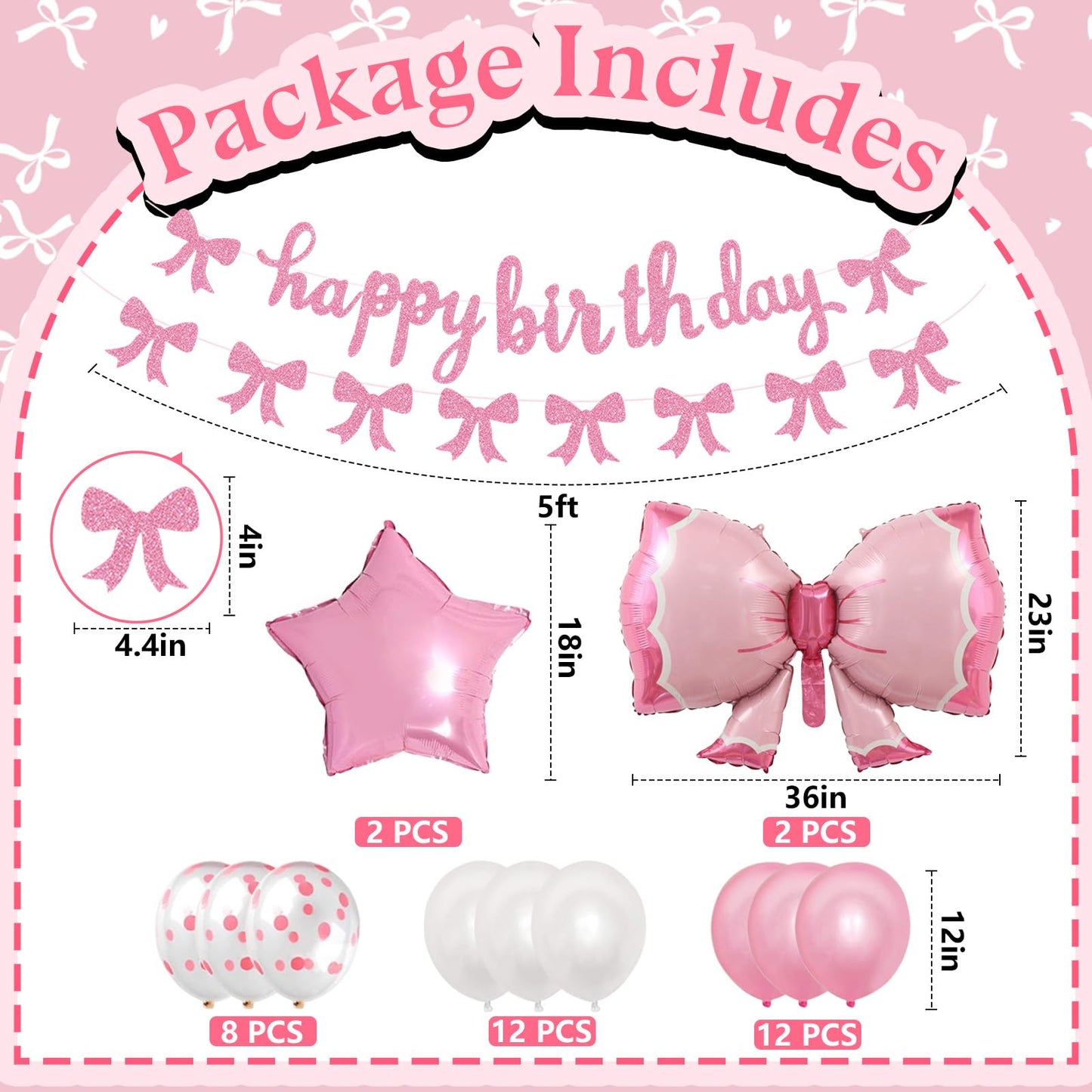 Phoaxul Cute Pink Bow Birthday Decorations for Girls, Glitter Happy Birthday Banner, Bow Balloons, Pink Party Decorations for Women, Baby Girl Shower, Princess Bday Party Supplies