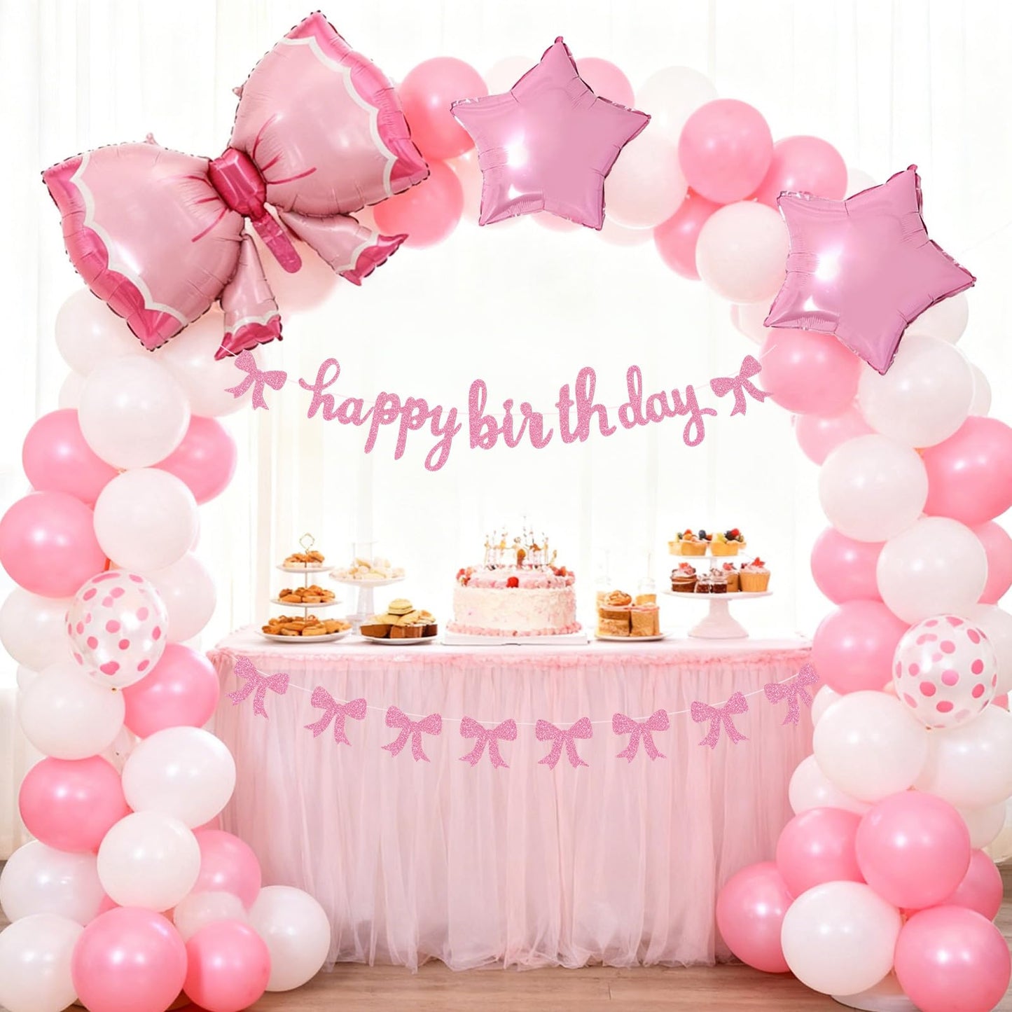 Phoaxul Cute Pink Bow Birthday Decorations for Girls, Glitter Happy Birthday Banner, Bow Balloons, Pink Party Decorations for Women, Baby Girl Shower, Princess Bday Party Supplies