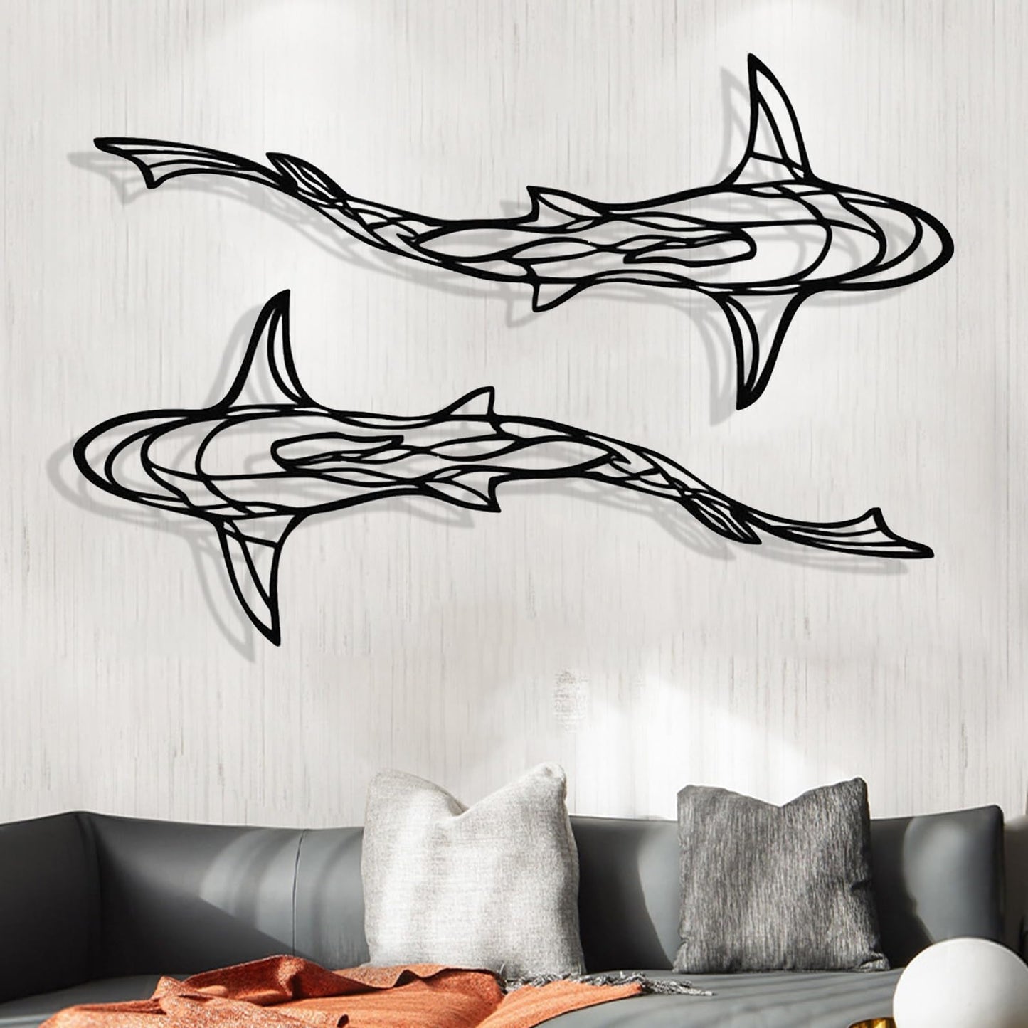GDSPD Large 3D Metal Shark Wall Decor, Shark Line Wall Art, Metal Wall Art Decor, Metal Shark Sculpture, Ocean Fish Wall Hanging Shark Metal Wall Decor Art Wall Decorations for Living Room Bedroom (2 Pcs (Black))