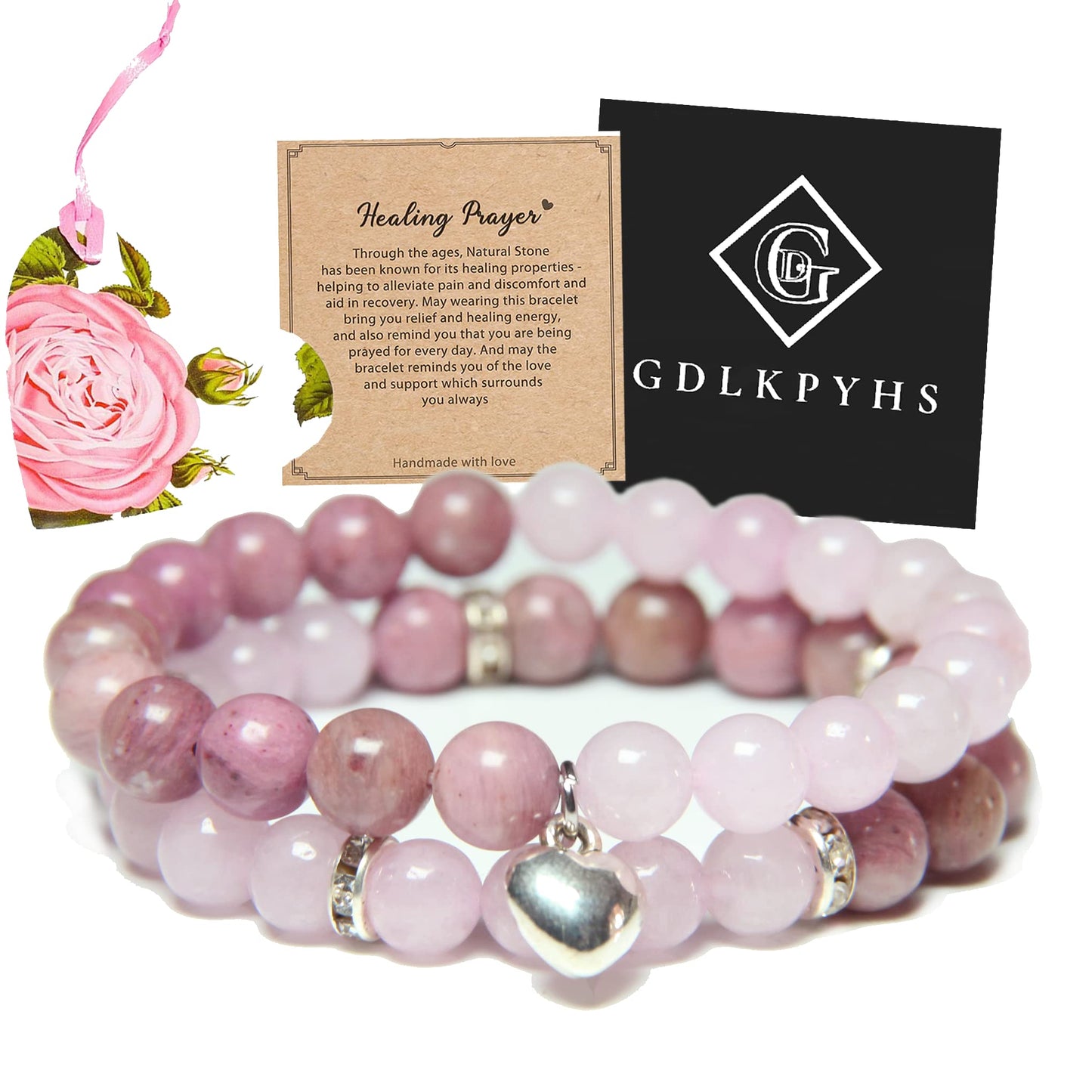 GDLKPYHS Healing Bracelets for Women - Rose Quartz & Rhodonite Bracelet - Healing Prayers Crystal Bracelet, 8mm Natural Stone Stress Relief Yoga Beads Get Well Soon Gifts
