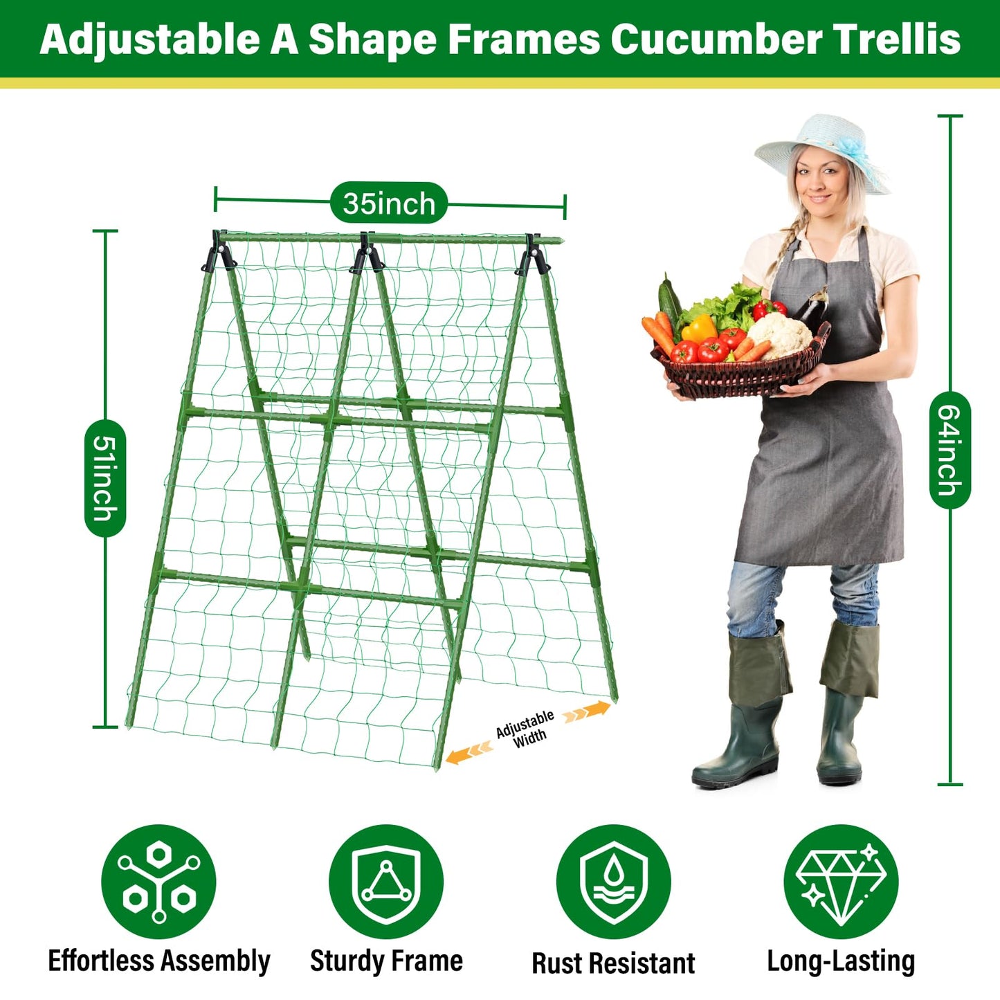 Sunwinx 35x51 Inch Cucumber Trellis for Raised Bed, Adjustable A-Frame Garden Trellis for Climbing Plants Outdoor with Climbing Net, Meal Plant Trellis for Vegetables Pea Bean Tomato Squash Grape