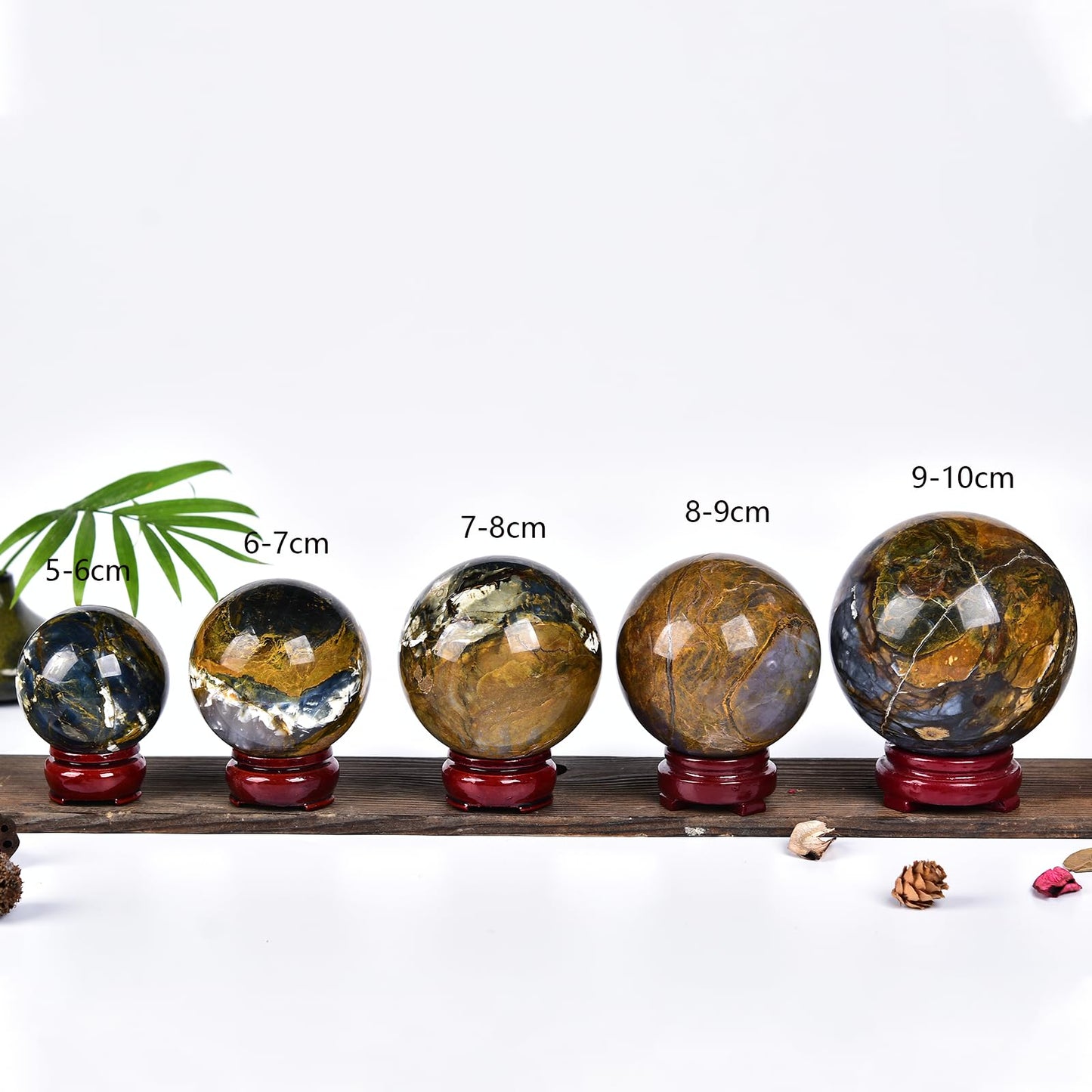 JIC Gem Pietersite Crystal Sphere with Wooden Stand,Decorative Crystal Ball Blues and Golden Browns Gemstone Sphere for Meditation,Feng Shui,Witch-Style Decor,Office Table Decorations 70-80mm