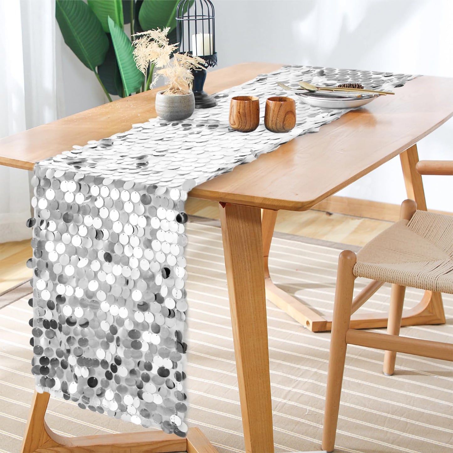 Yblut 12 x 108 Inch Silver Sequin Table Runner Glitter Rectangle Big Sequin Table Runner for Wedding Party Birthday Christmas Halloween Decoration (1 Pack)