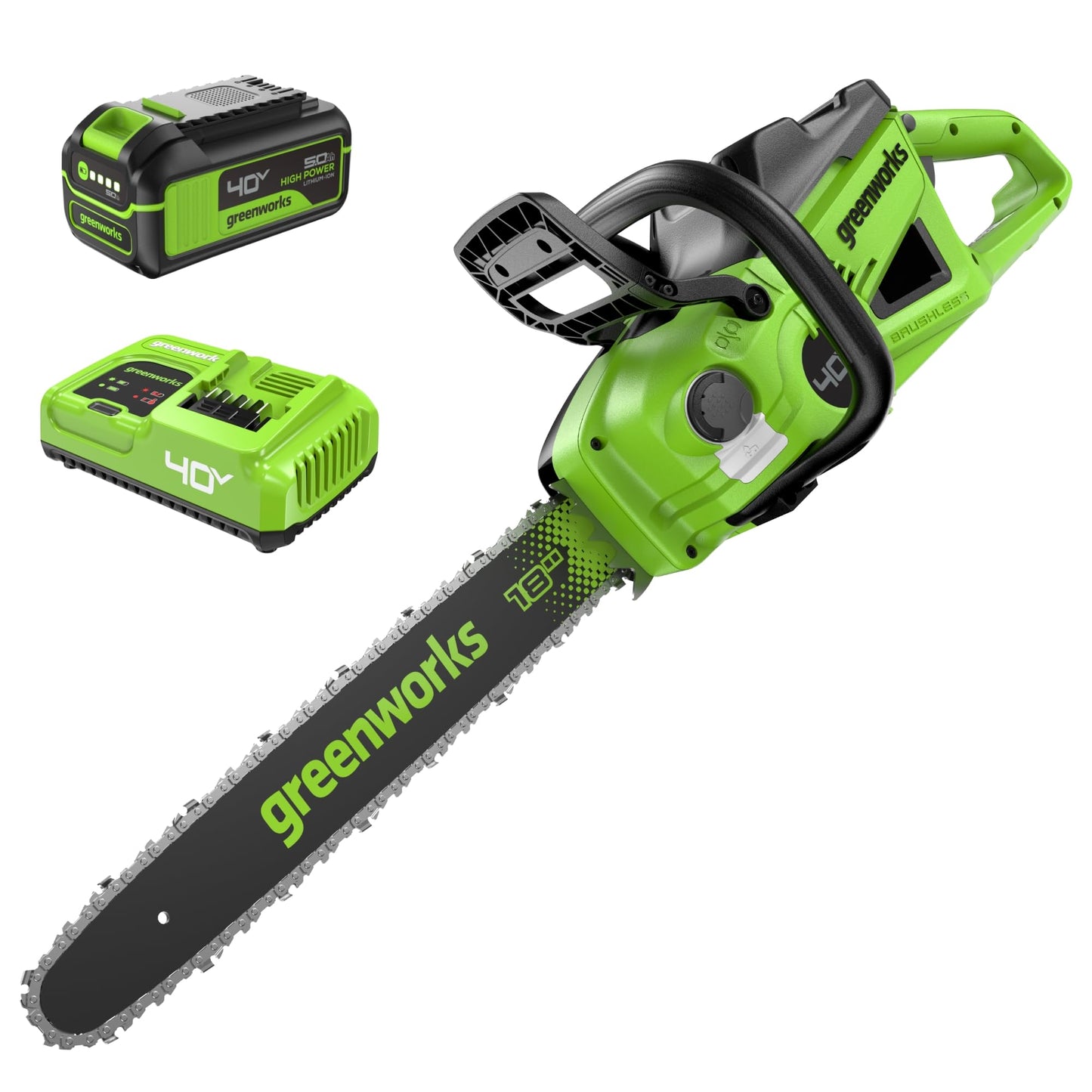 Greenworks 40V 18" Brushless Cordless Chainsaw, 5.0Ah Battery and Charger Included