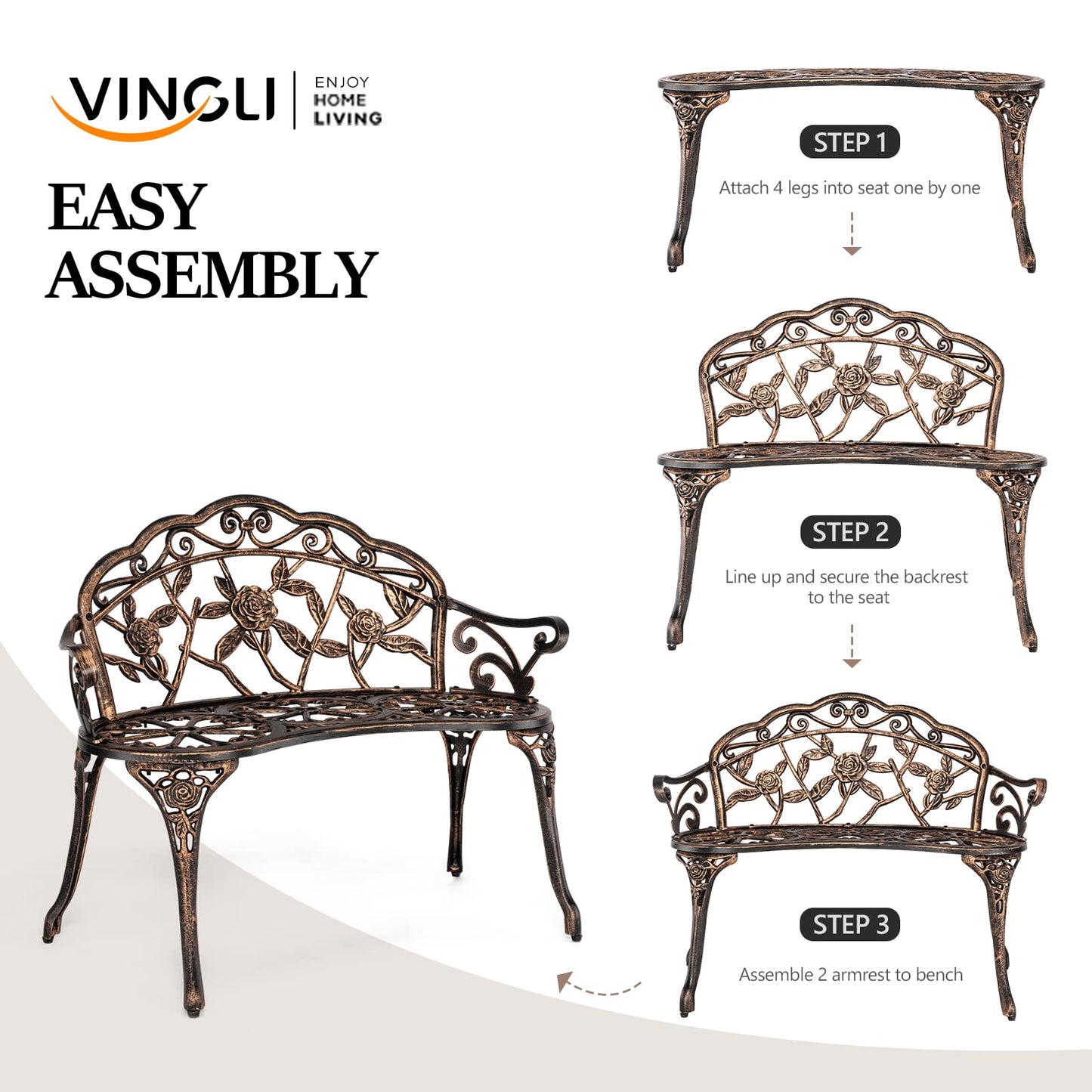 VINGLI 38.5" Patio Park Garden Outdoor Metal Rose Bench, 2-Person Cast Iron Cast Aluminium Frame Antique Finish Chair,Accented Lawn Front Porch Path Yard Decor Deck Furniture (Bronze, Rose)