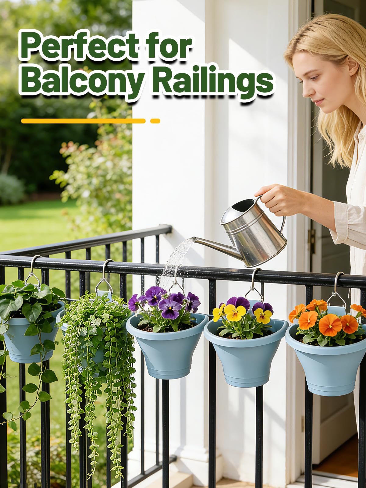 MADHOLLY 6Pcs Vertical Hanging Planters for Outdoor Plants - Wall Plant Holder for Indoor Decorations Garden Fence, Plastic Flower Pots with Drainage Grid and Hooks (Blue)