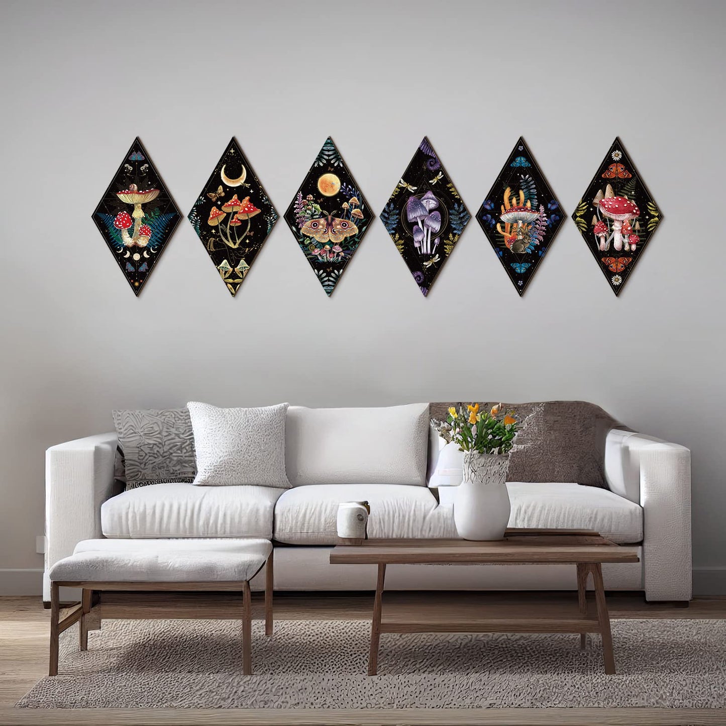Sintuff 6 Pieces Gothic Wall Decor Boho Sun Moon Phases Wall Art Gothic Minimalist Stars Sun Hanging Wooden Home Decor Farmhouse Pediments for Gallery Living Bedroom Room(Mushroom)