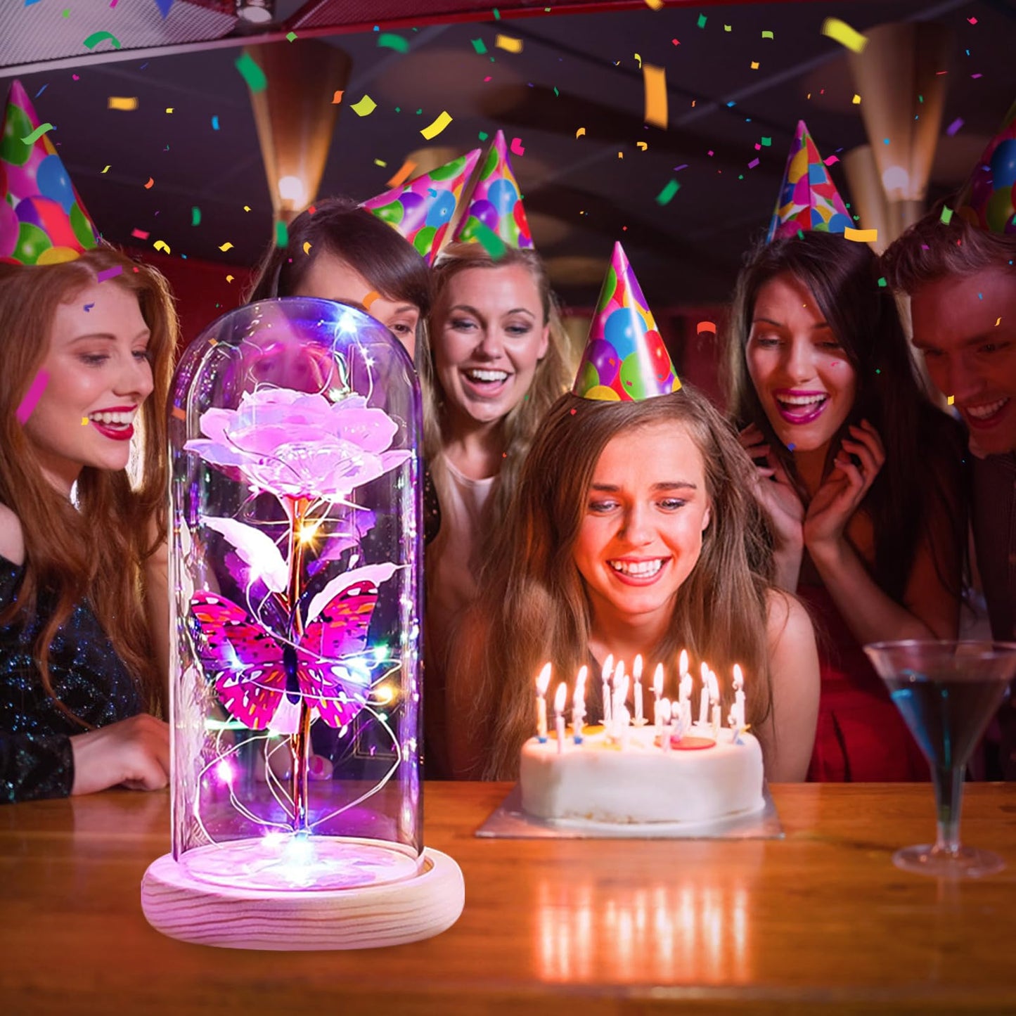 Beferr Birthday Gifts for Women Galaxy Glass Rose Forever Preserved Flowers for Delivery Light Up Rose in Glass Dome Mothers Day Pink Butterfly Gifts for Mom Grandma Wife Her Daughter Girlfriend