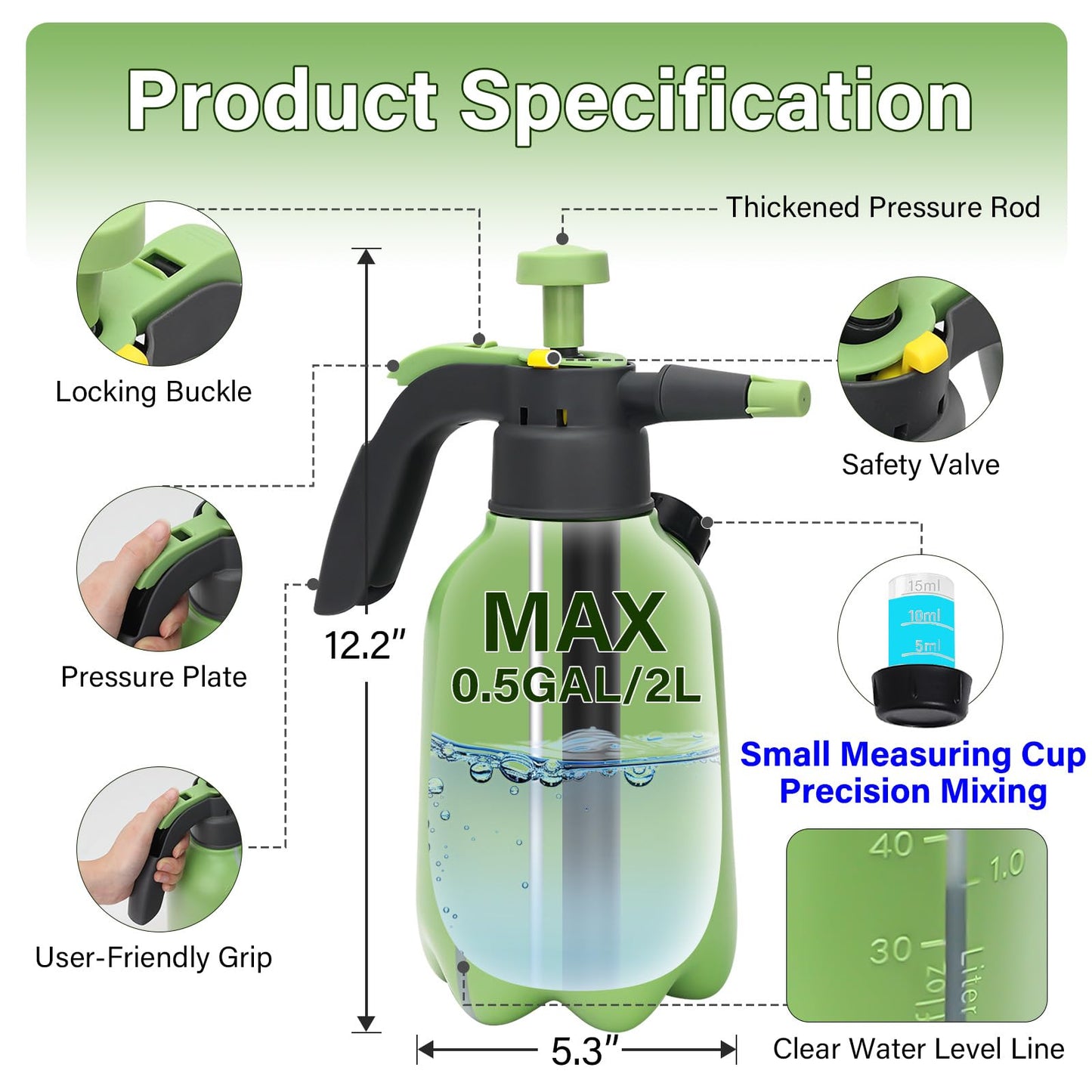 INNOVJOPRO 0.5 Gallon Hand Pump Sprayer for Garden Plant and Cleaning with 2 Adjustable Nozzle and Side Water Inlet & Safety Valve