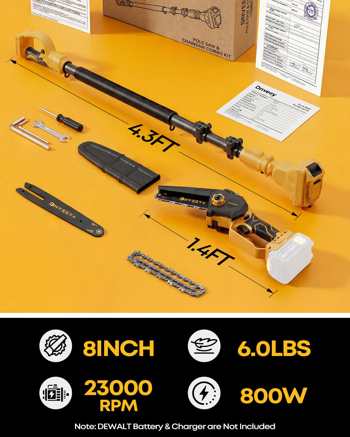 Dnveey 8-Inch Cordless Pole Saw for Tree Trimming, Compatible with DeWalt 20V Max, 15.6FT Extendable 2-in-1 Mini Chainsaw & Tree Trimmer, 800W Brushless [Tool Only - No Battery]