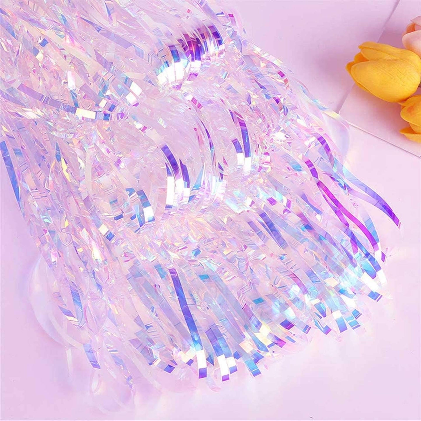 FECEDY 2pcs 3ft x 8.3ft Shiny Corlorful Metallic Tinsel Foil Fringe Curtains Photo Booth Props for Engagement Bridal Shower Bachelorette Baby Shower Bachelorette Holiday Celebration Party Decorations