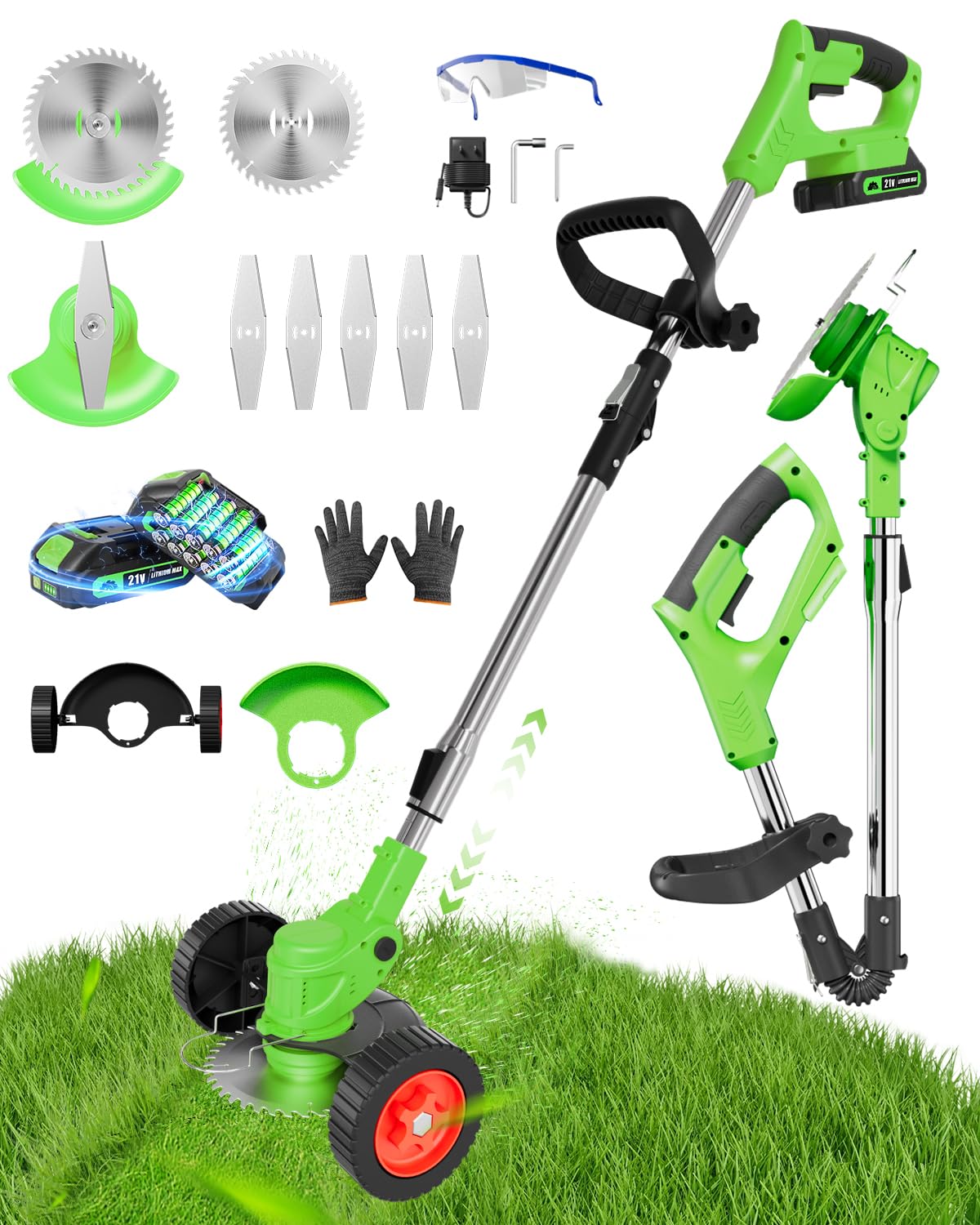Cordless Weed Wacker Battery Powered, 2-in-1 Electric String Trimmer & Edger, 21V Foldable Grass Cutter with 2.0Ah Battery and Charger, Lawn Tool for Garden Yard Maintenance