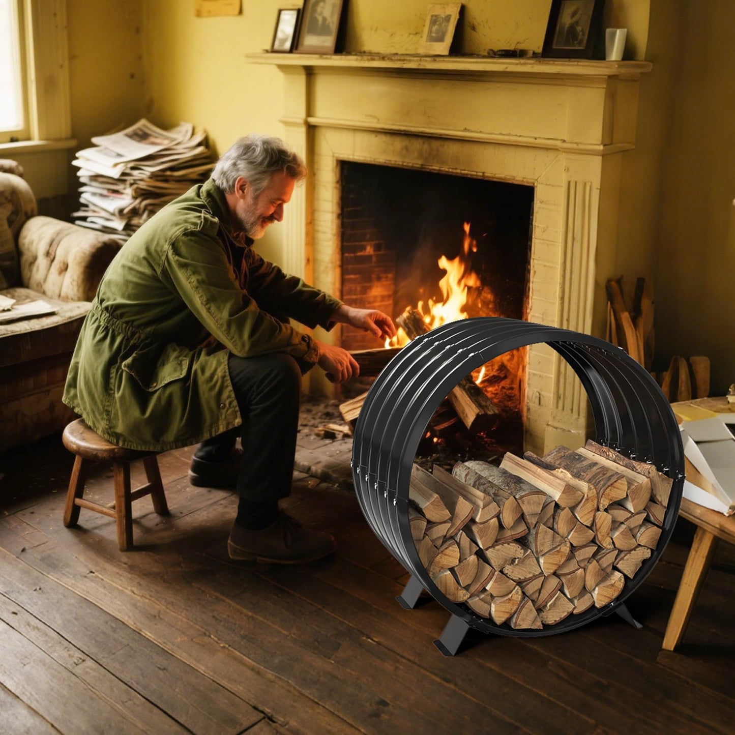 VAMFUTRE Round Metal Sheet Firewood Rack Indoor by Fireplace/Outdoor Beside Fire Pit-with Metal Legs,Rustproof,Durable & Stylish Firewood Holder (Circle, 24 Inches Diameter)