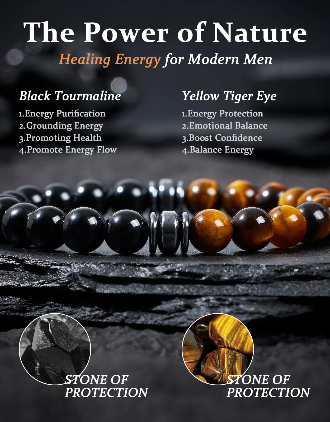 Landorilo Gifts for Men, 8mm Natural Stone Beaded Bracelets, Black Tourmaline & Tiger Eye Healing Bracelet, Handmade Mens Jewelry Gift for Him, Husband, Son, Father, Friend(Happy Birthday-7.5in)