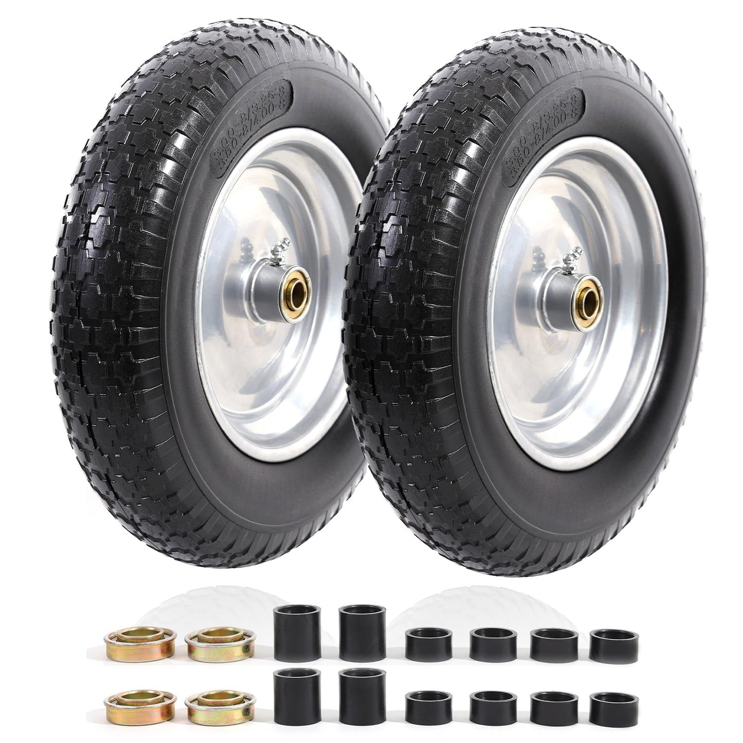MZREXN 14.5" Wheelbarrow Tire Flat-Free 3.00/3.25/3.50/4.00-8" Solid Tire and Wheel with 3"-7" Centered Hub, 3/4" & 5/8" Bearings Replacement for Hand Truck/Dolly/Utility Cart/Garden Cart 2PCS Silver