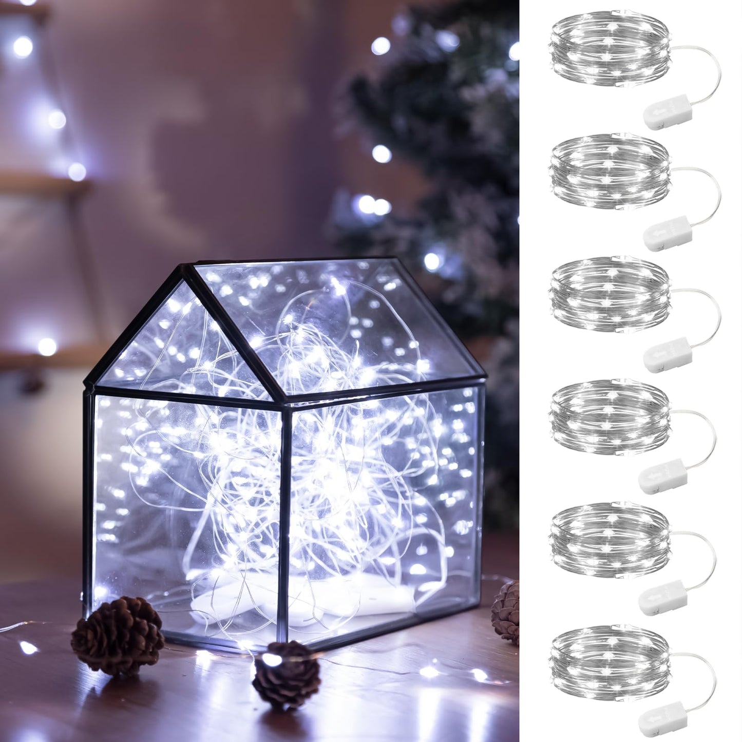 HXWEIYE 6 Pack White Fairy Lights Battery Operated, 7ft 20LED Mini Fairy Mason Jar String Light, Waterproof Firefly Starry Lights for DIY Wedding Party Bedroom Patio Christmas Décor