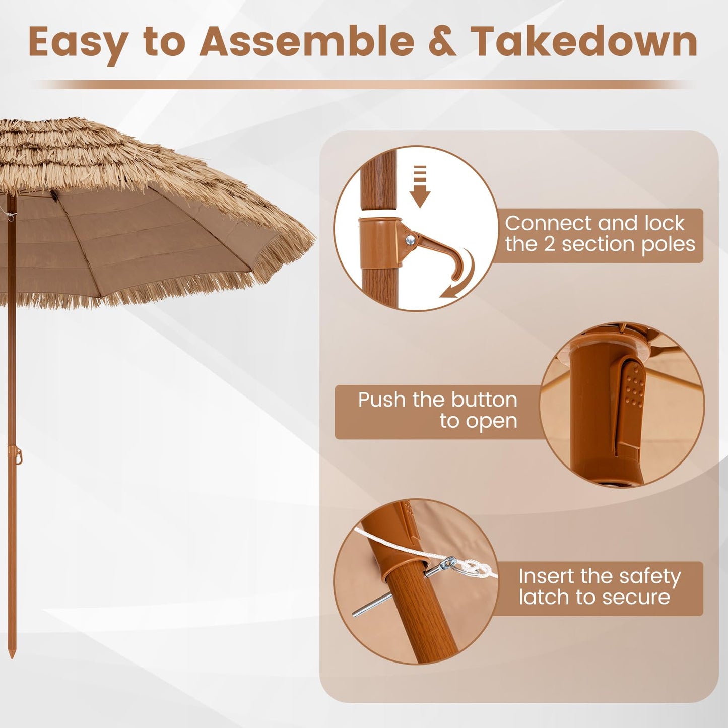 Tangkula 8Ft Tiki Patio Umbrella, UPF50+ Hawaiian Style Outdoor PE Grass Umbrella with 8 Ribs, Portable Thatched Beach Umbrella for Garden, Yard, Poolside