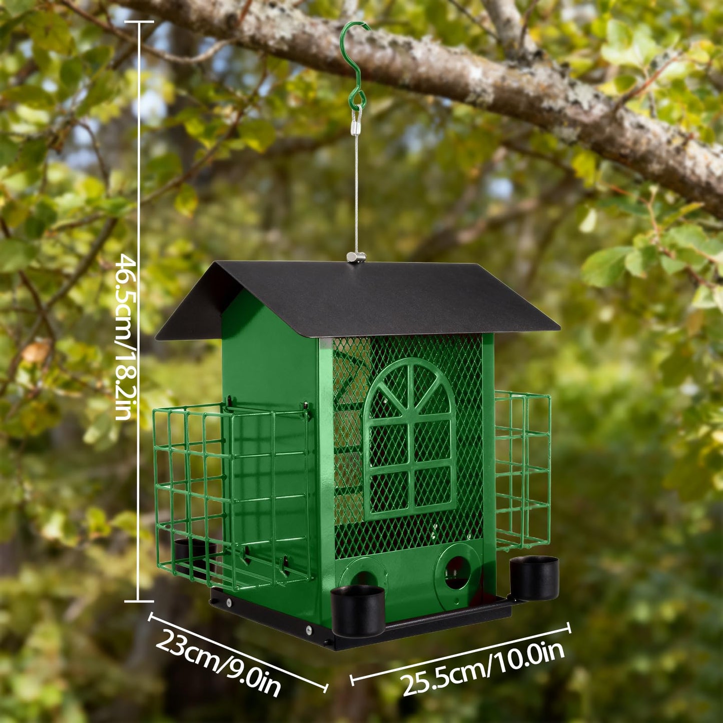 QZLOHOM Outdoor Metal Hanging Bird Feeder Large Capacity Premium Wild Bird Feeder (Includes Bread Tray) Metal Mesh Design Multi-Compartment Food Storage Green (Green)