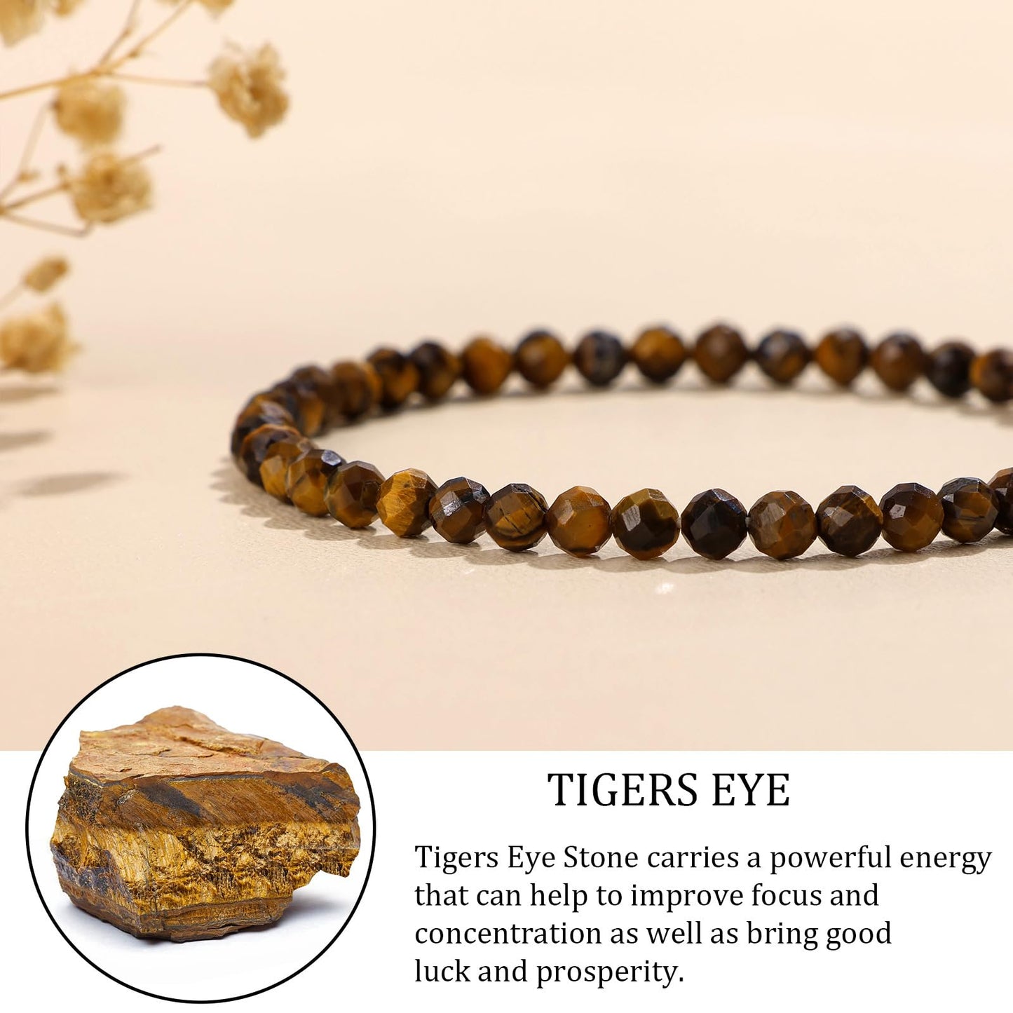 GolbalJew Natural Gemstone Beads Bracelets Healing Crystal Stone Beaded Bracelet for Women Men Handmade Spiritual Jewelry Gifts, 4mm Tigers Eye Faceted Round Beads