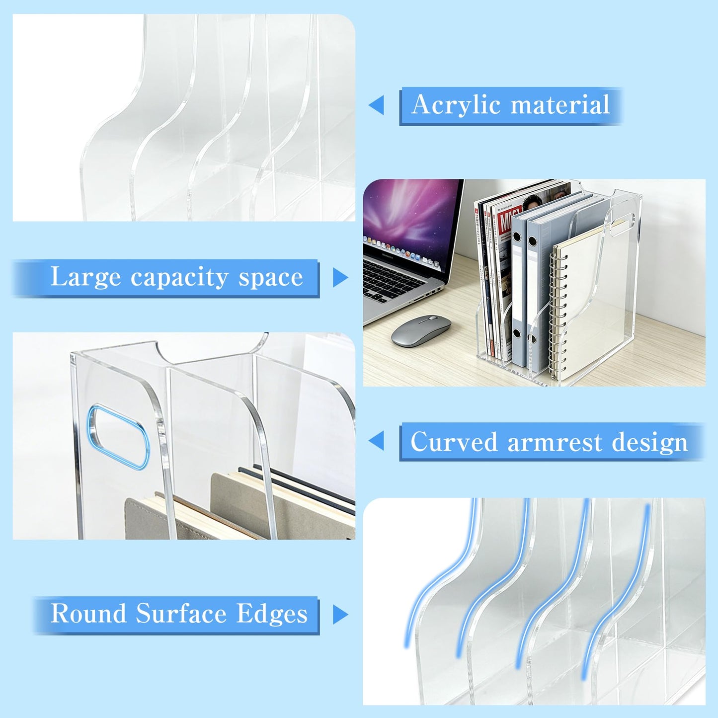 ZESHIHAOGUO 3-Tier Clear Acrylic File Holder, Vertical Document Organizer for Magazines, Binders, Notebooks & Envelopes - Multi-Purpose Desk Storage for Home Office（A4,3 Sections）