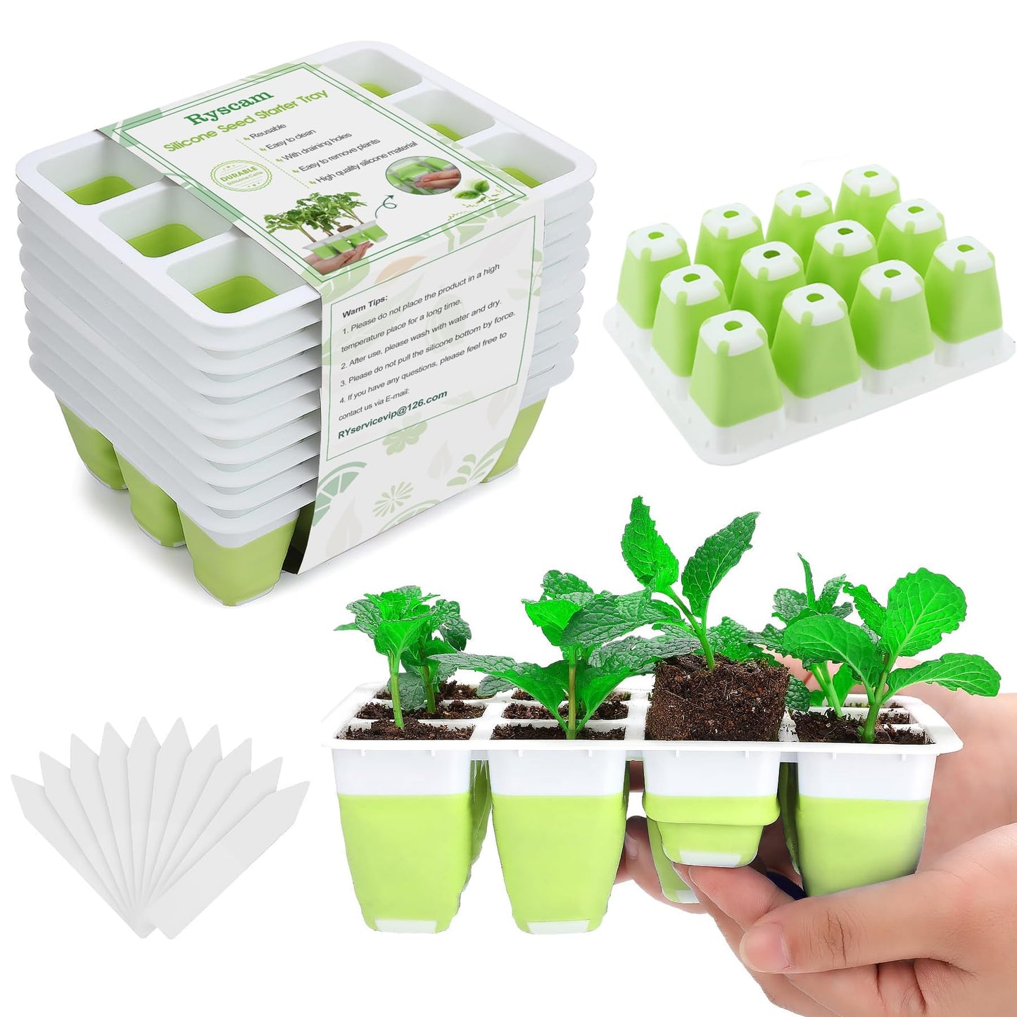 Ryscam 10pcs Reusable Seed Starter Tray, 120 Cells Seed Starter Kit, Silicone Seedling Starter Trays for Starting Plant Seeds with Flexible pop-Out Cells, Indoor Gardening Plant Germination Trays