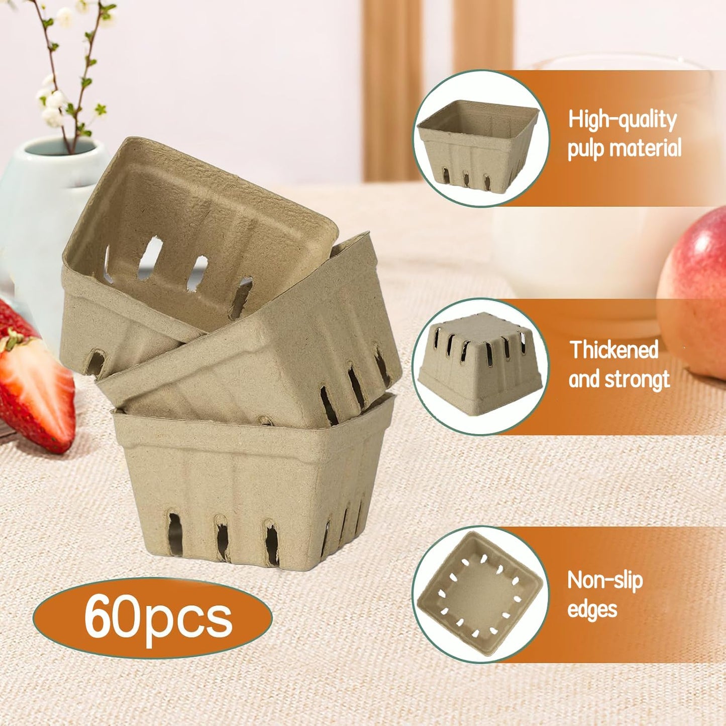60 Pack Natural Pulp Fiber Berry Basket, Molded Produce Vented Kitchen Supplies for Strawberry Blueberry Raspberry, fruit baskets,berry containers,farmers market stand (Berry Basket (60 Pcs))