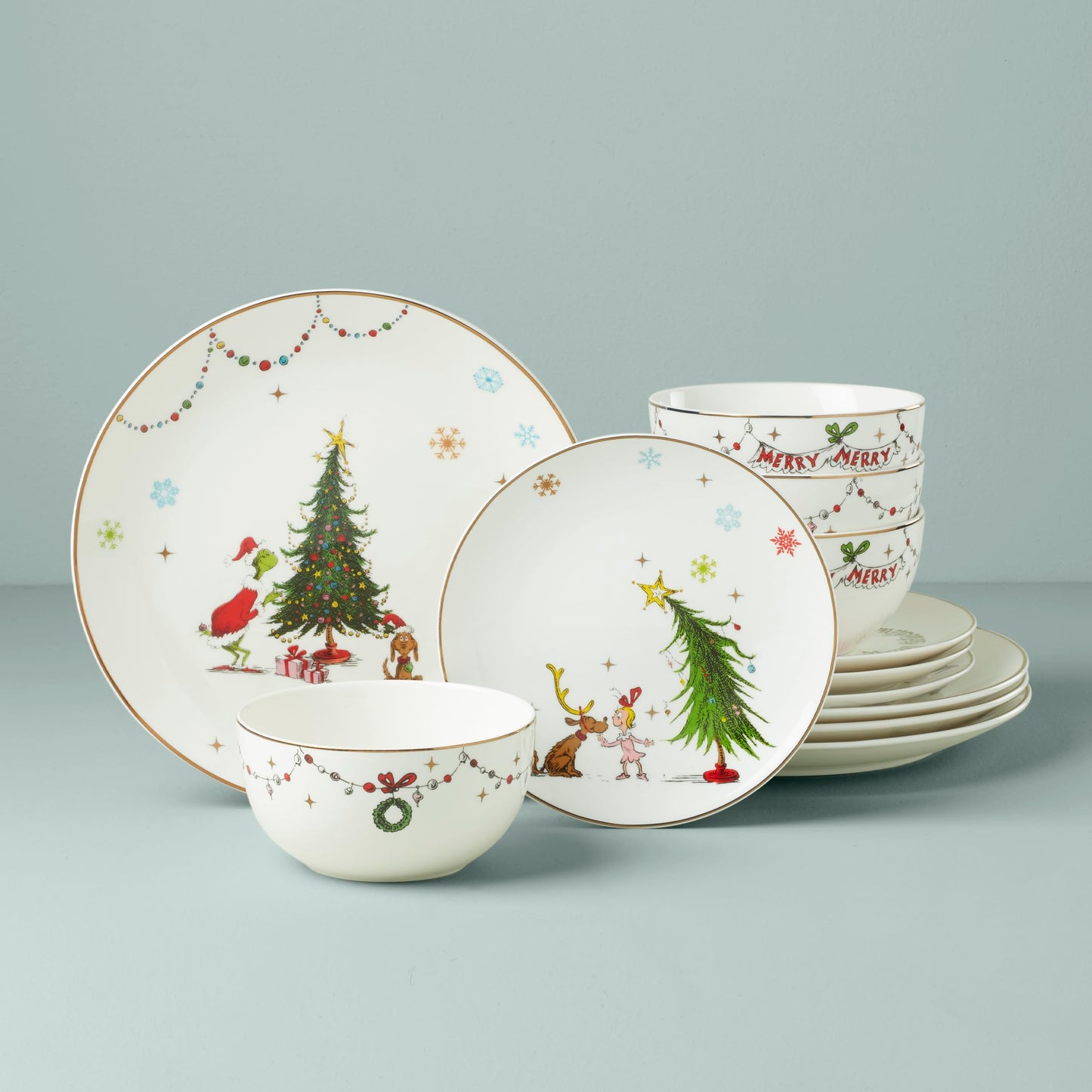 Lenox 895051 Merry Grinchmas 12-Piece Dinnerware Set, Green, 12 Count, Christmas, Holiday Hosting