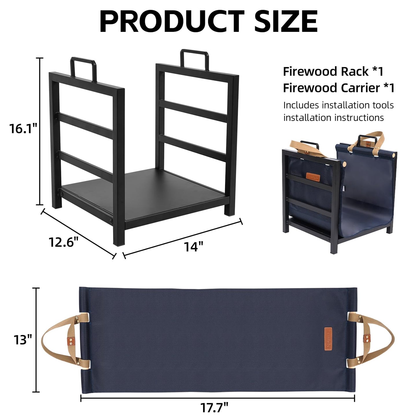 Zettfuly Firewood Rack Indoor Outdoor with Firewood Carrier, Fireplace Wood Log Holder Heavy Duty Metal, Indooor Firewood Holder for Fireplace Wood Storage, 16 inch, Navy