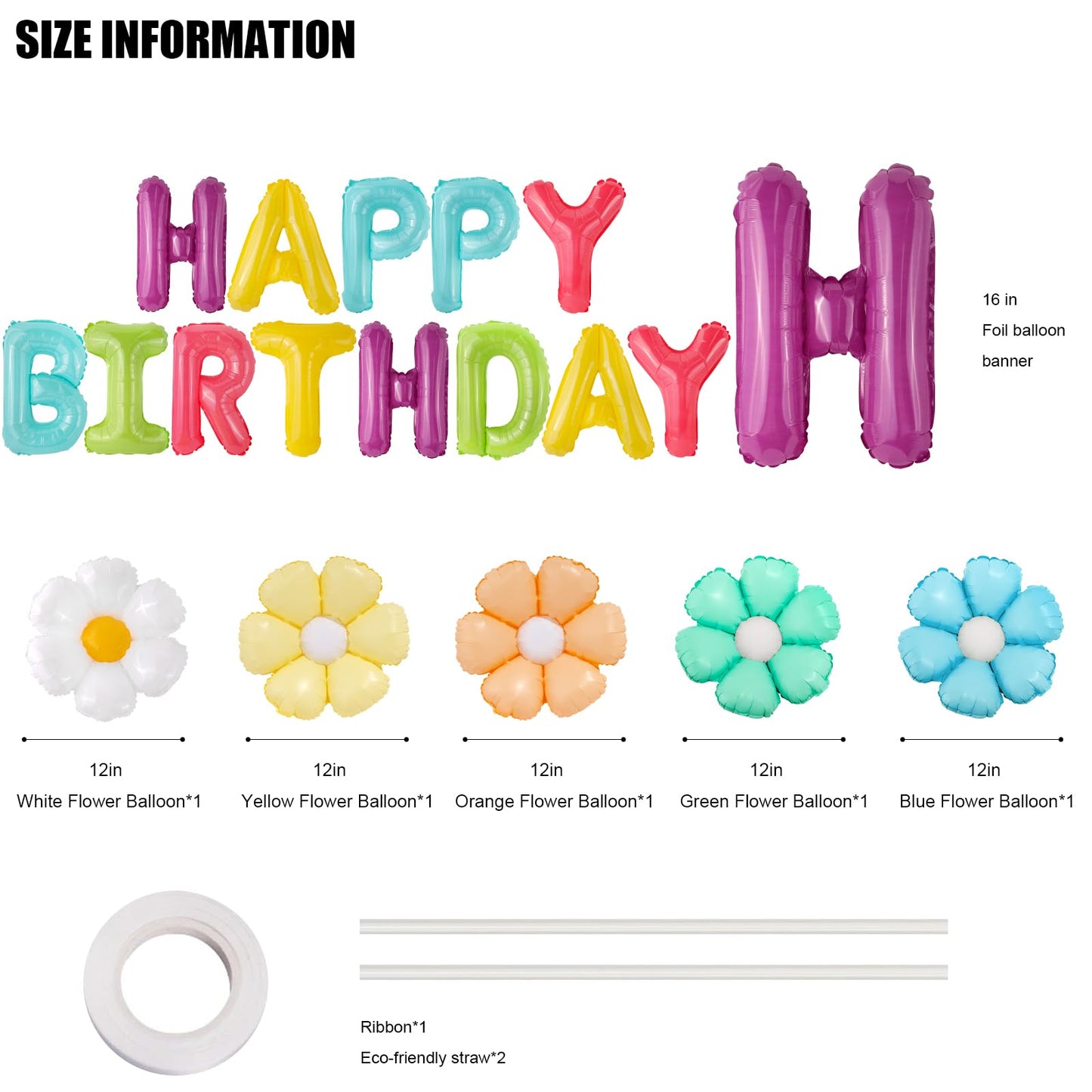 CANREVEL Happy Birthday Banner 13pcs 16 Inch Mylar Foil Letters with 5pcs Flowers Balloons Birthday Party Decorations for Kids and Adults - 3D Macaron