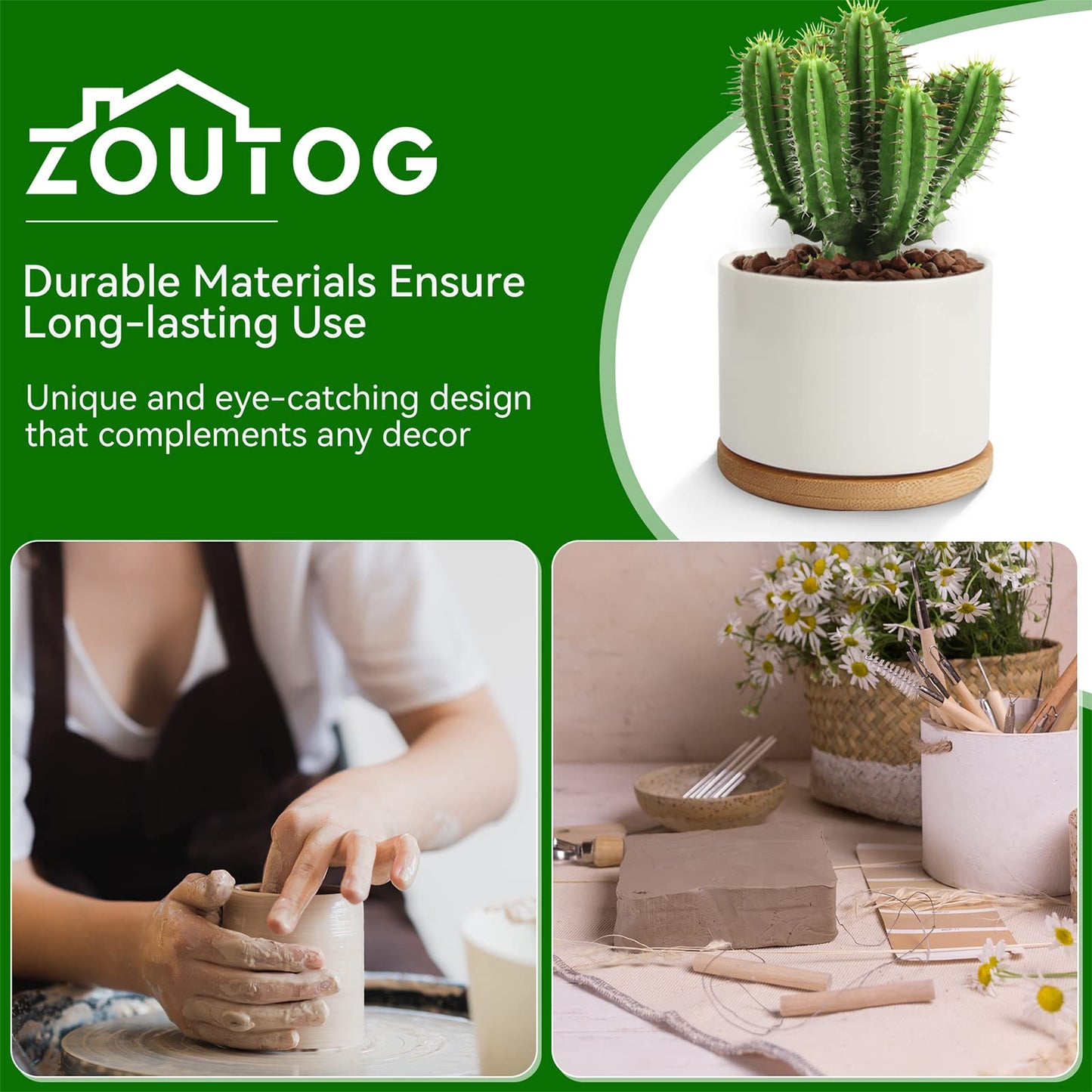 ZOUTOG Succulent Pots 3.1 Inch,6 Pack Succulent Planters,Small Pots for Plants with Drainage and Tray,White Ceramic Flower Planters for Indoor Plants,Home,Office,Desk