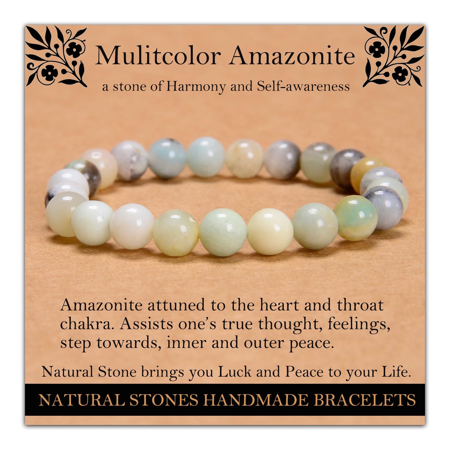 Handmade Natural Gemstone Elastic Bracelet - Healing Crystal Beads Jewelry, Unisex (Mulitcolor Amazonite, 8mm)