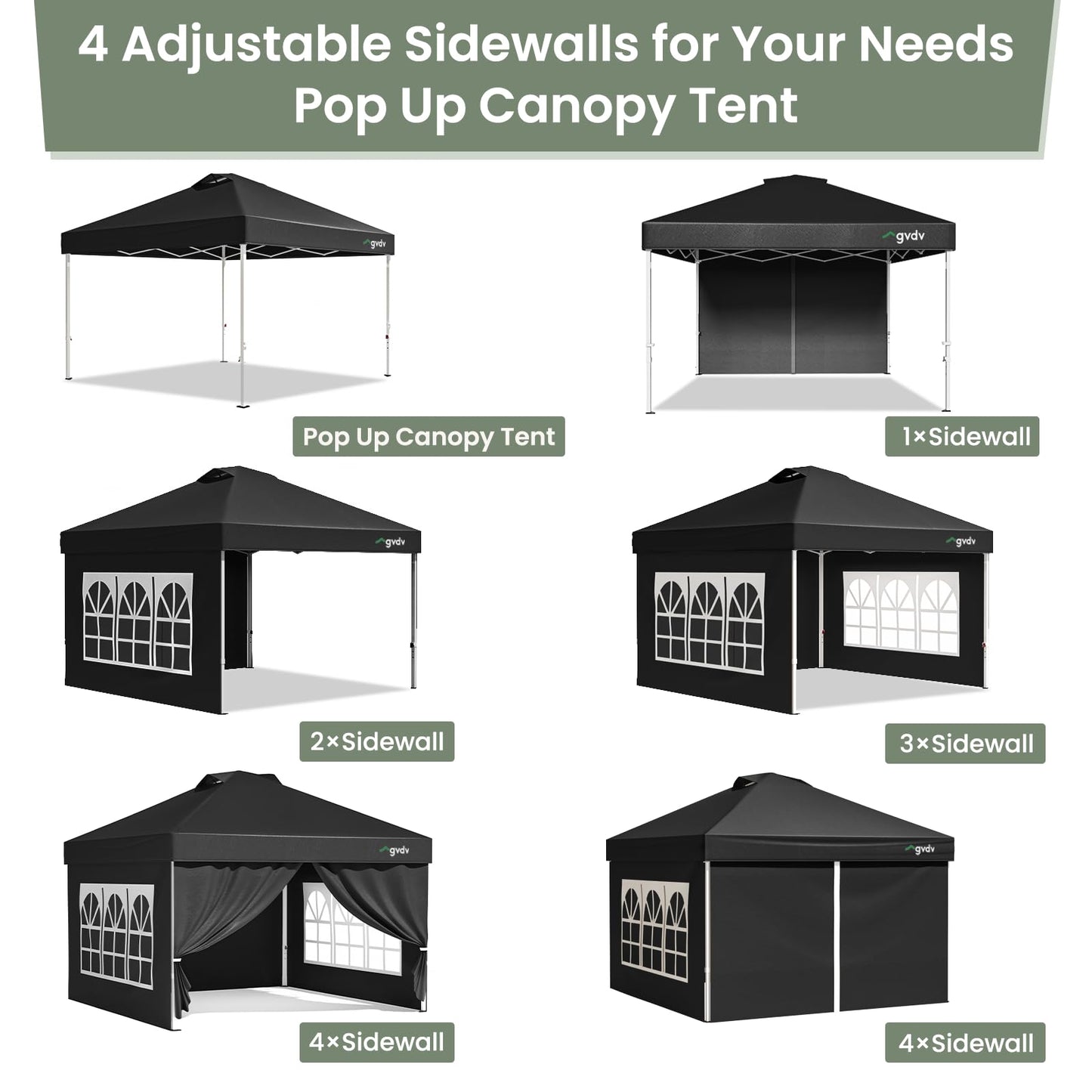 GVDV 10x10 Pop Up Canopy Tent with 4 Sidewalls, Beach Tent with One Push Setup, Outdoor Sun Shade for Events, Parties, Camping - Gazebo with Wheelbag, Black, CP23 B