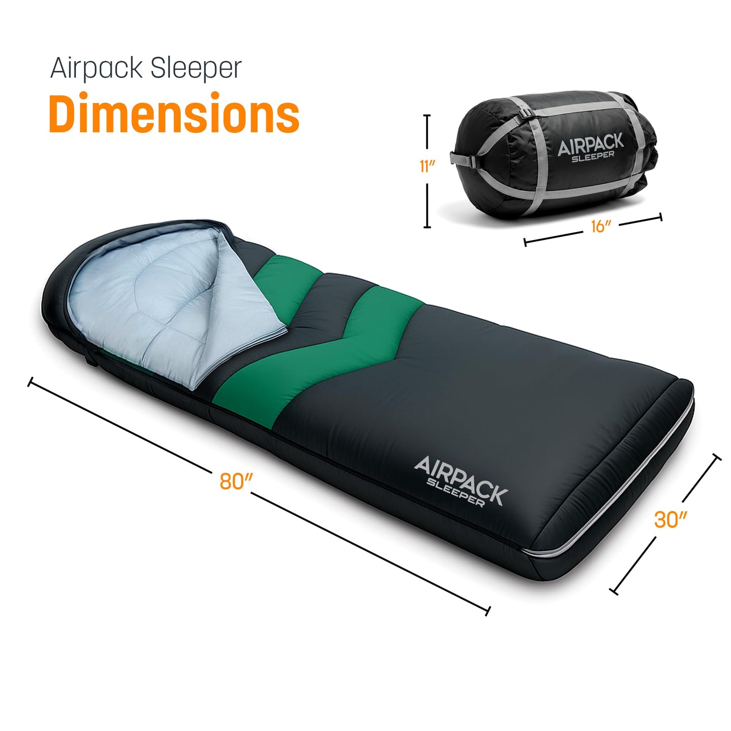 Rangland Sleeping Bag with Built-in Pad (AirPack Sleeper) - All-in-One Inflatable Sleeping Pad and Zip-Up Blanket for Camping with Built-in Foot Pump (Black/Green) 80"×30"