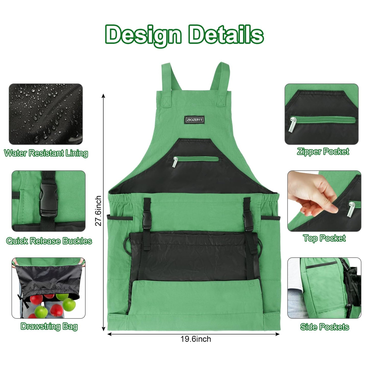 ZIOZERTT Gardening Apron, Harvest Garden Aprons with Pockets for Women and Men, Canvas Gardening Supplies Tool Belt, Gardening Gifts for Mom, Dad, Gardeners,Green