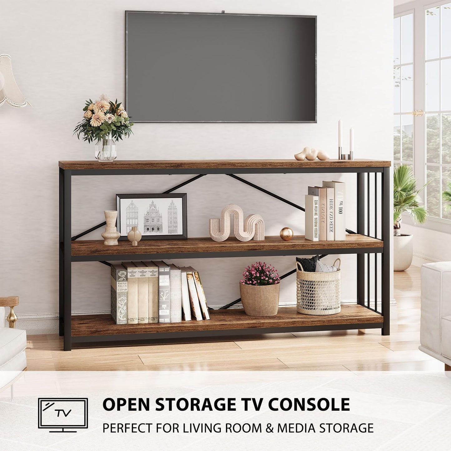 LVB Industrial Console Entryway Table, Metal Wood Rustic Sofa Table with Storage, Farmhouse 3 Tier Shelf Long Hallway Foyer Entry Tables Behind Couch for Home Living Room Entryway, Rustic Brown, 55 In