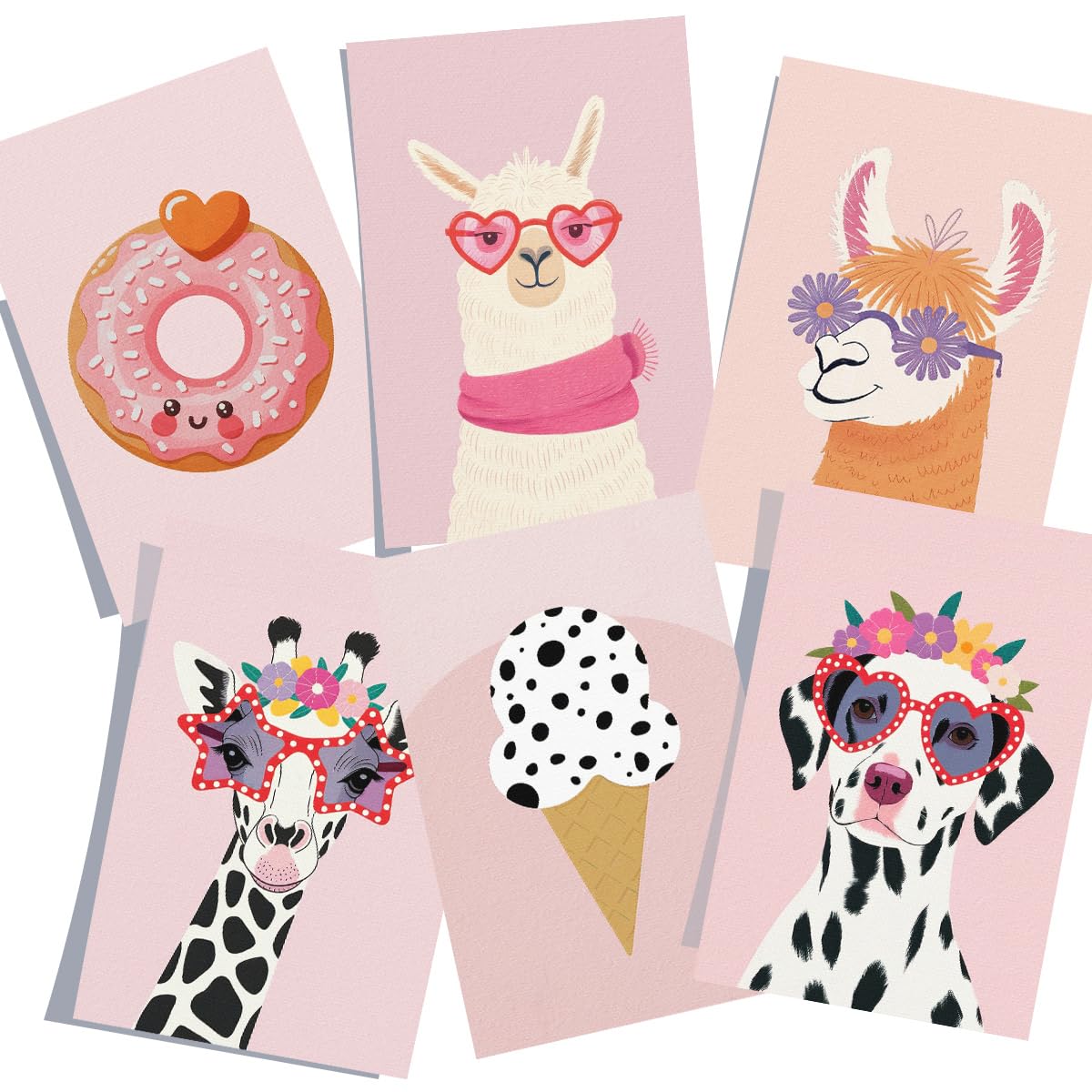 6pcs Pastel Pink Nursery Canvas Wall Art, Fashion Sunglasses Wearing Animal Poster, Cute Dog Giraffe Alpaca Kis Room Picture, Playful Ice Cream & Donut Print for Girls Playroom 8x12in Unframed