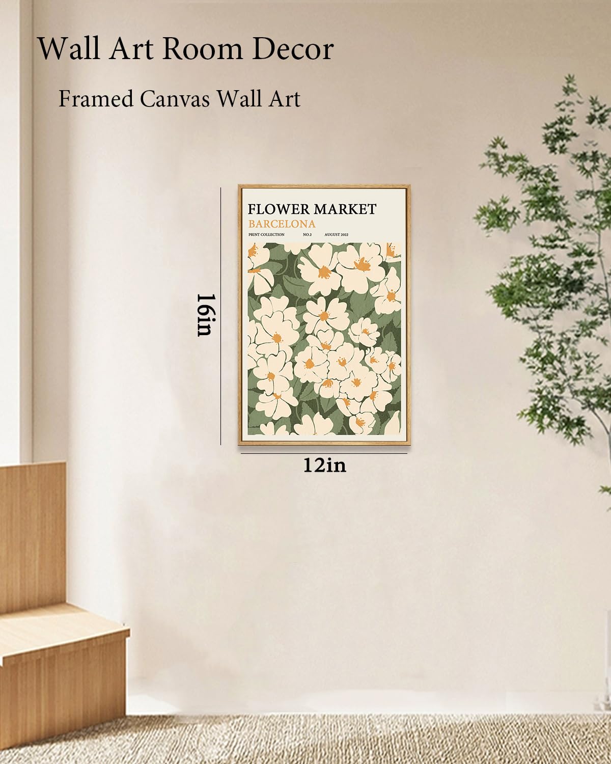 Zzuyi Framed Flower Market Wall Art,Green And White Floral Botanical Canvas Wall Decor Pictures,Floral Rusitc Pictures for Living Room Bedroom Dining Room 12x16in