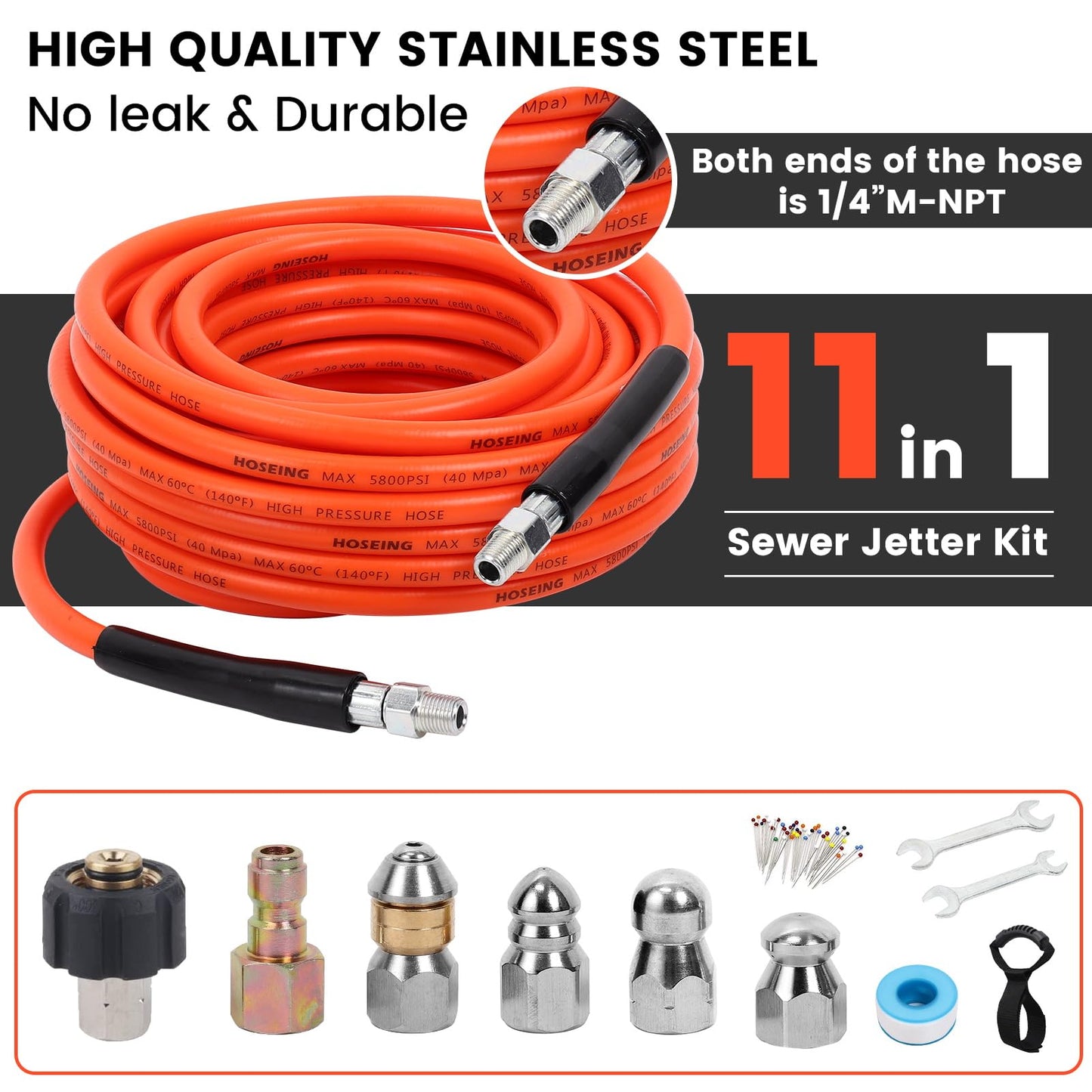 50FT Sewer Jetter Kit for Pressure Washer, 5800 PSI Water Jet Drain Cleaner Hose With Corner Rotating Button Nose Nozzle, 1/4 Inch NPT, Spanner Handle and Strap