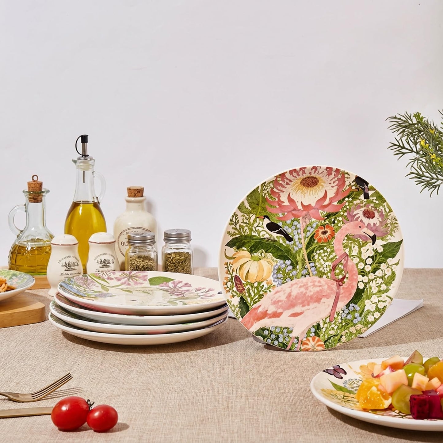 4 Piece Ceramic Plates Set, 8.5Inch Dessert & Salad,Appetizer Plates，Illustrated style Prints, Suitable for Serving Pasta, Pizza. Dishwasher, MicrowaveSafe.gift for birthdays and holidays(8.5inch)