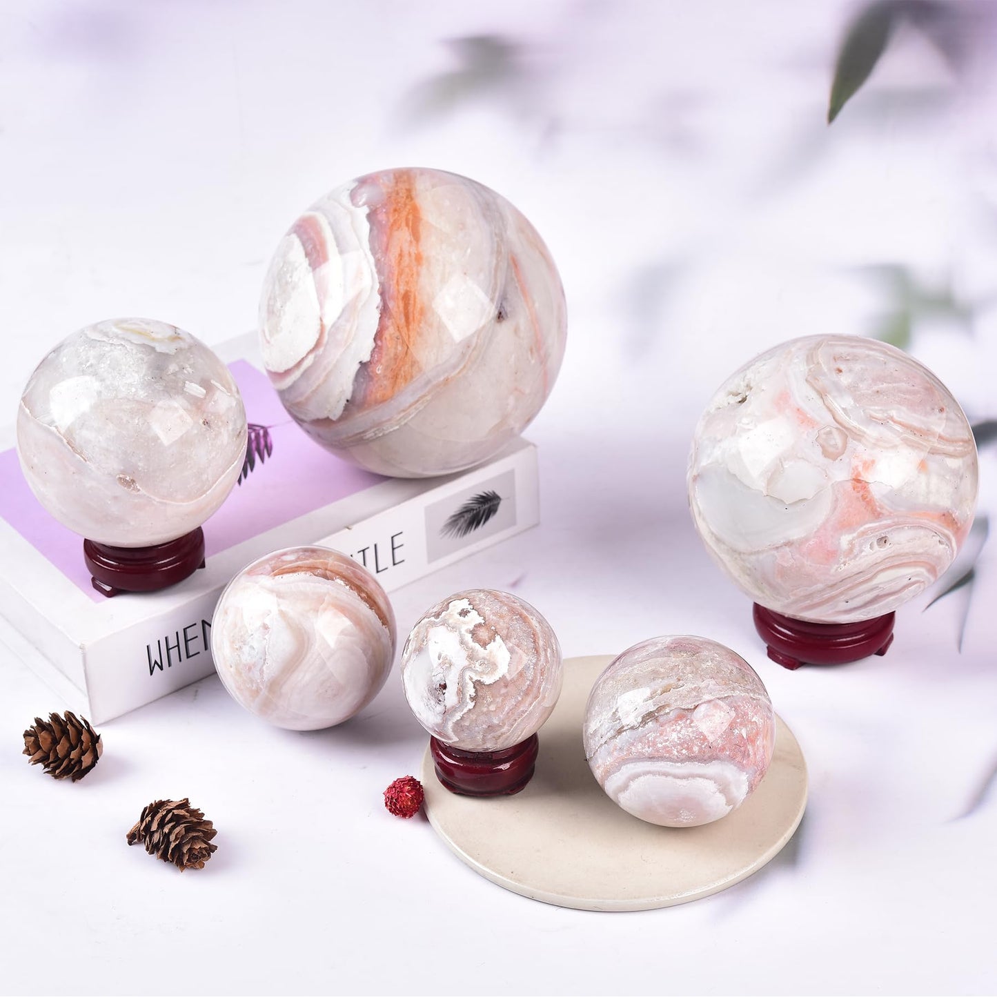 JIC Gem Natural Pink Agate Crystal Sphere with Wooden Stand,Decorative Crystal Ball Pink Gemstone Sphere for Meditation,Feng Shui,Witch-Style Decor,Table 70-80mm