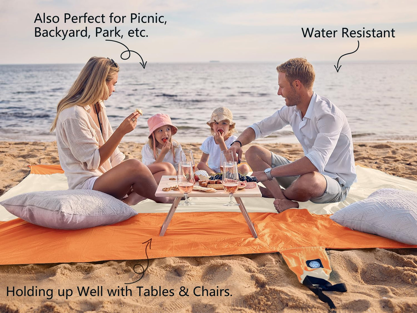WEKAPO Beach Blanket Sandproof Waterproof, Extra Large Beach Mat, Oversized & Compact Sand Free, Quick Drying Beach Essentials for Vacation, Cruise, Picnic & Camping with Stakes (Orange, 7x7 FT)