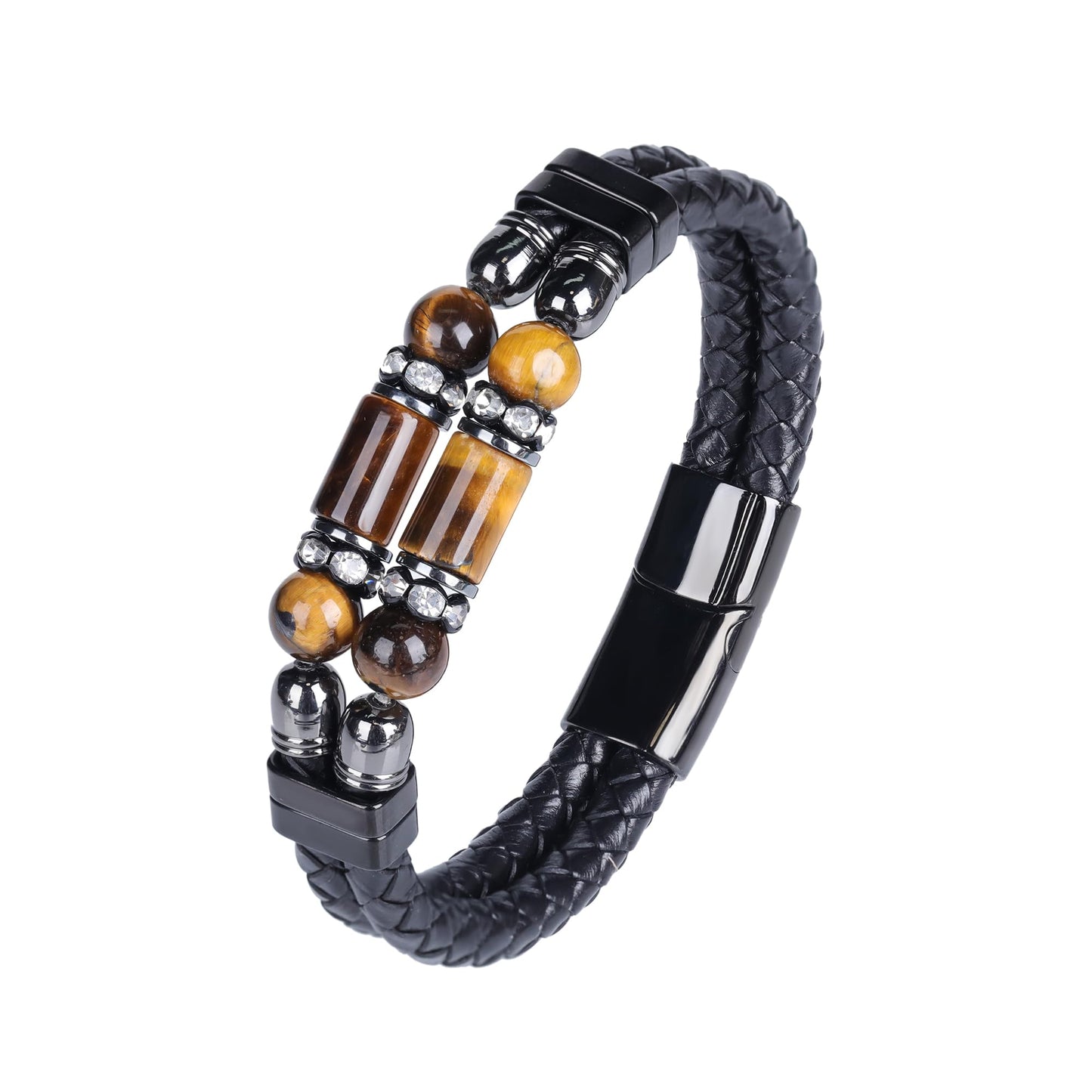 Mrcaois Leather Bracelet Tiger Eye Stone Braided Woven Multi‑Layer Wristband Cuff Bracelets Steel Clasp Bangle for Men Gifts