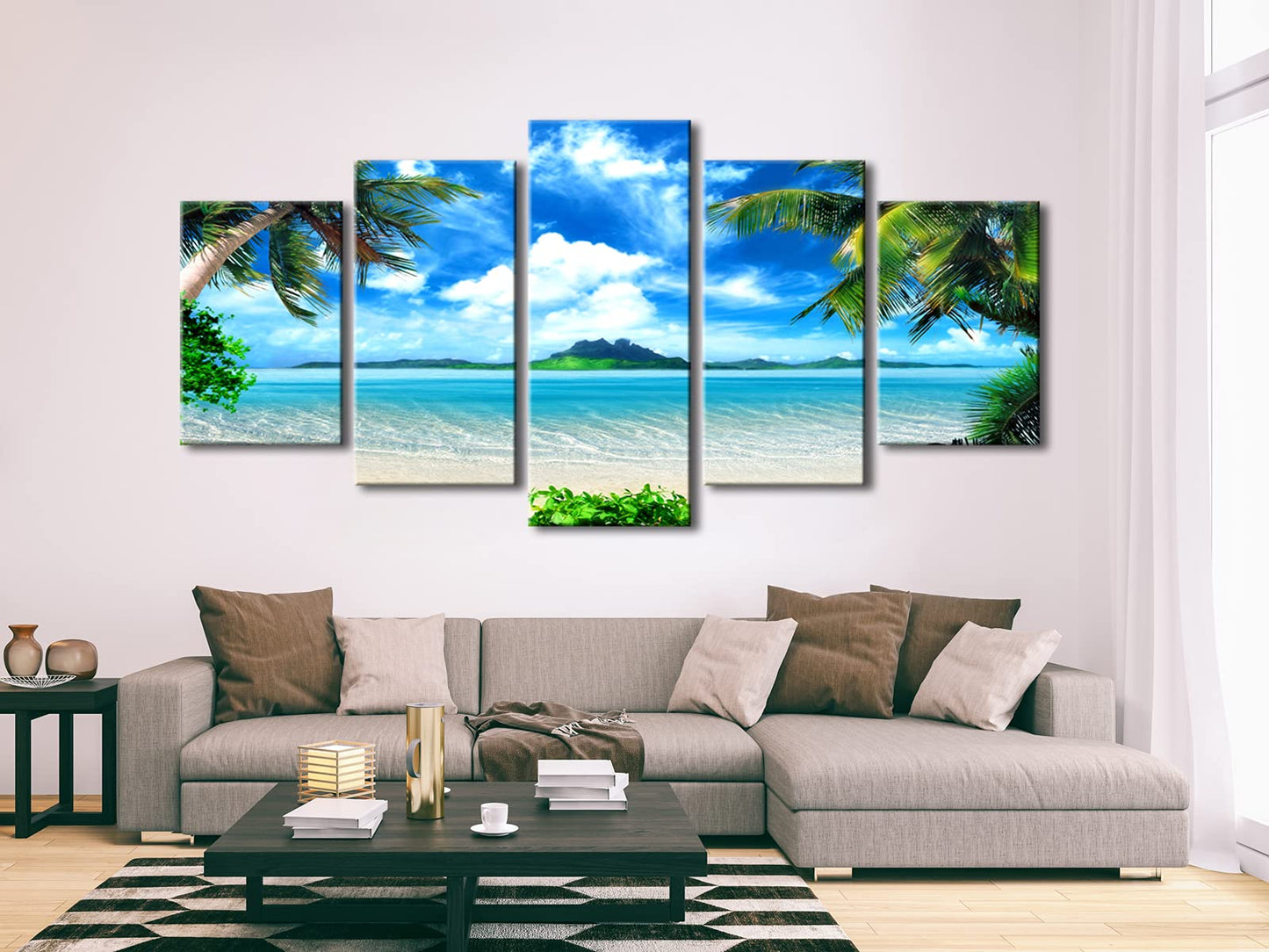 Pyradecor Modern 5 Piece Canvas Prints Artwork Contemporary Landscape Blue Sea Beach Pictures Paintings on Canvas Wall Art for Living Room Home Decorations Extra Large