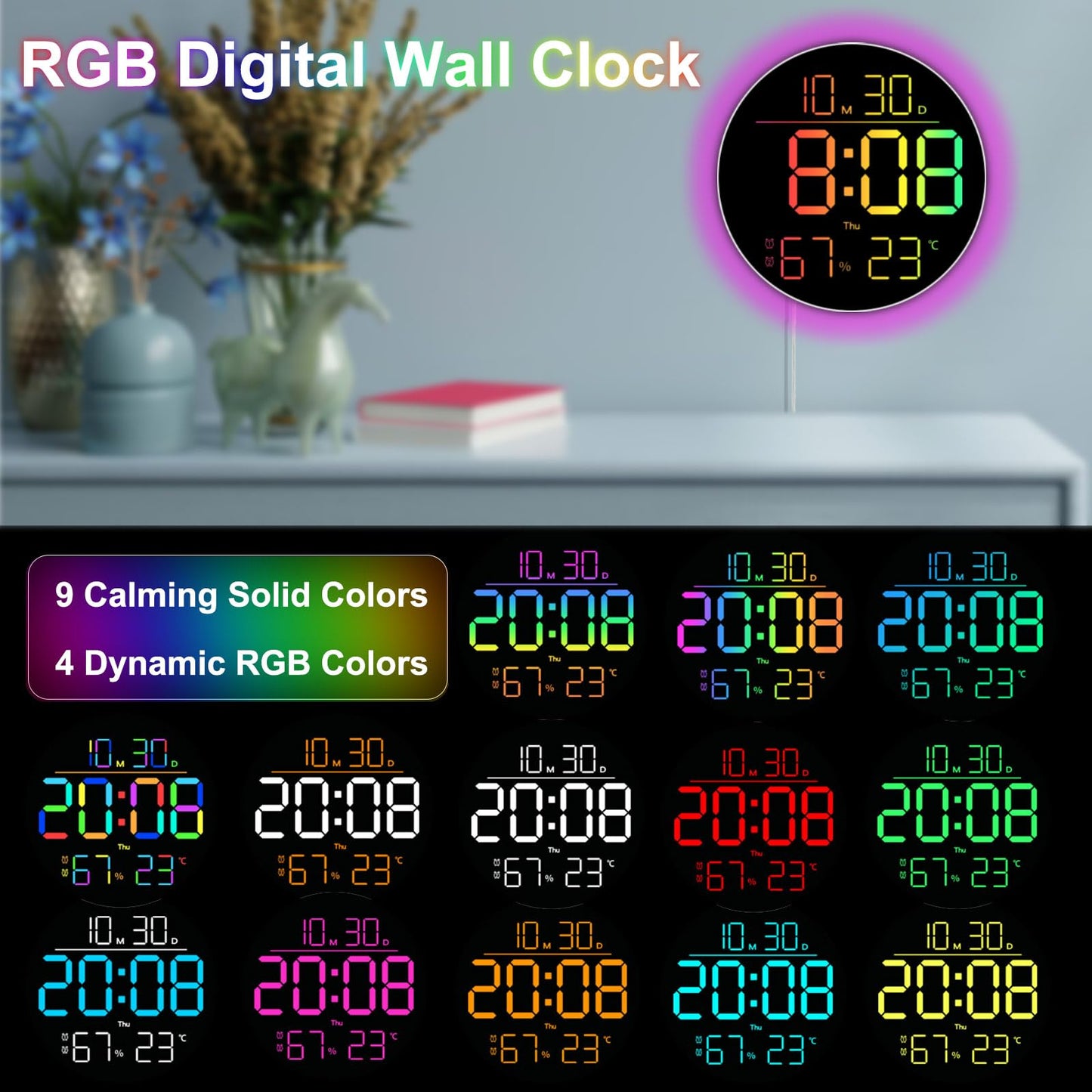 QINFIEY 10 Inch LED Wall Clock with RGB Ambient Light, Auto-Dimming, RGB Color/Time/Date/Temp/Humidity Display, Dual Alarms & Timer, Adjustment Brightness,Digital Round Clock for Bedroom Classroom